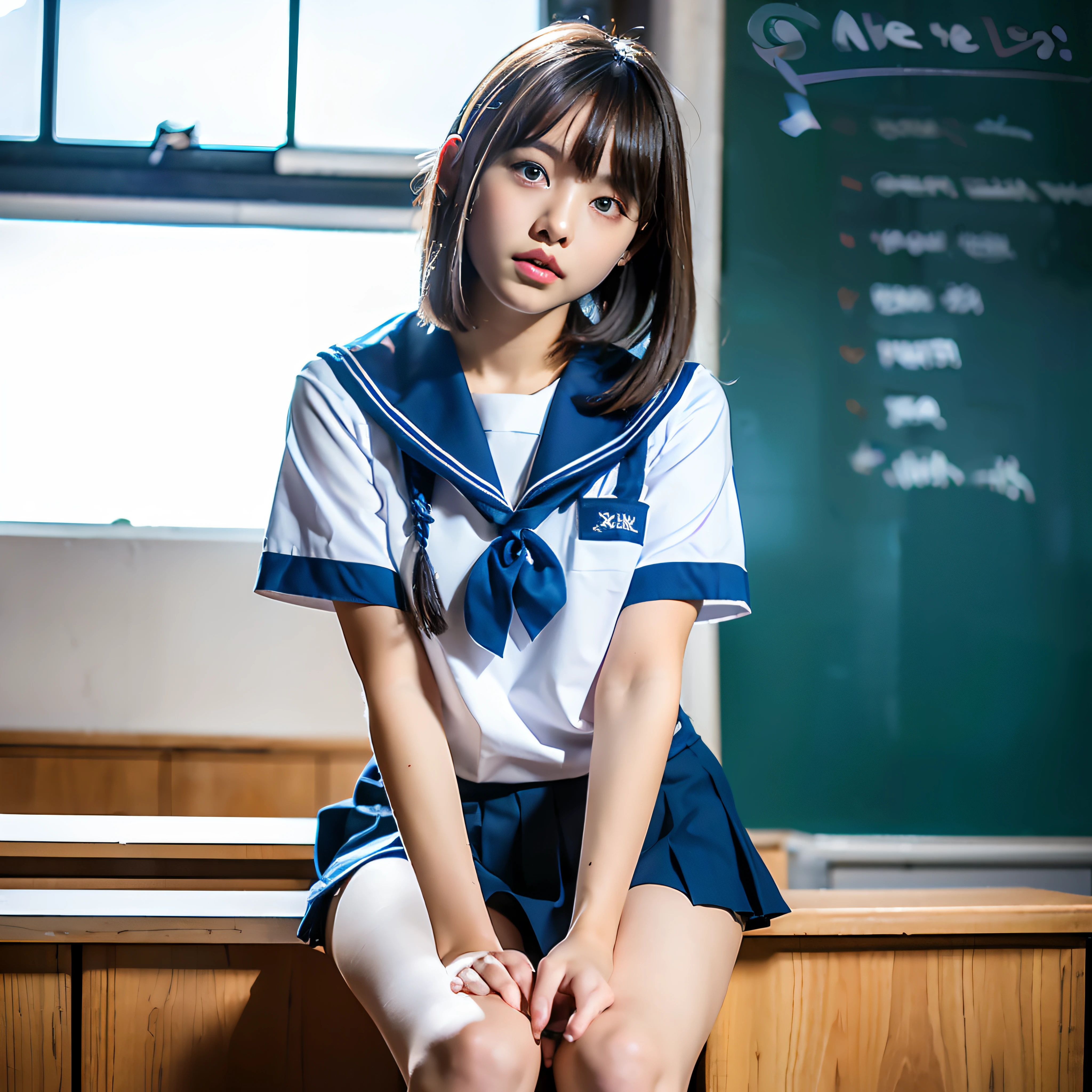 (Best Quality, masterpiece, 超A high resolution, (Photorealsitic:1.4), Raw photo), (Photo of a 12-year-old girl standing with her legs spread in a school classroom, front-facing view, Angle from below, Low position, looking down at viewer), very beautiful and shiny thighs,, Very bright lighting on her panties, Dark blue pleated mini skirt, White short-sleeved sailor shirt, White sheer sexy panties, Amazingly cute face, very white and beautiful skin, Realistic hands, Realistic fingers