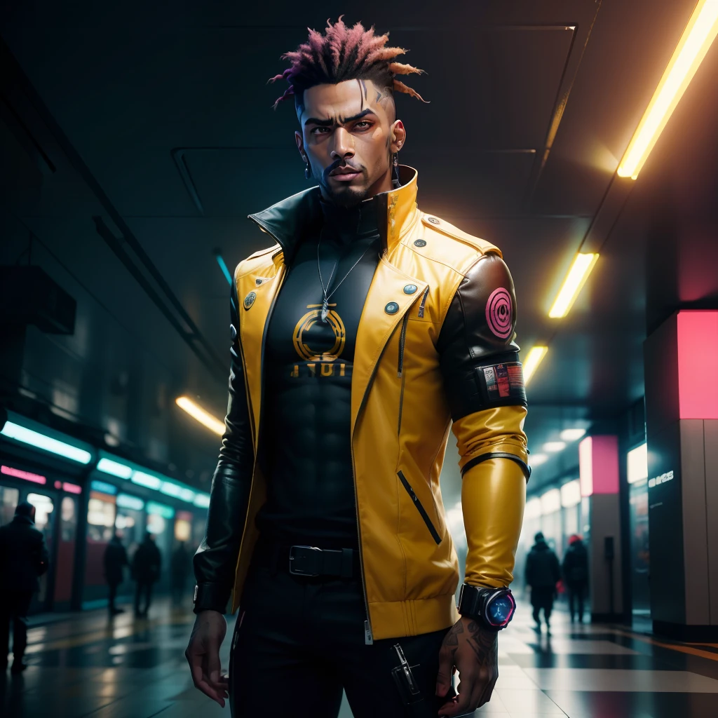 Eu gostaria de uma imagem estilo cyberpunk em 4k , obra prima, homens vestido com camisa grande larga cyberpunk futuristica, africano , 45anos, pele negra ,barba grande,com cabelo punk estilo anos 80 na cor amarelo ,muito eLegante,, futurista e estiloso neon , com uma tatuagem super colorida e com neon ,Toattoo, facing a metro station on the platform , with station lights failing in a dimly lit environment, standing dressed in a dark yellow suit ,estilo cyberpunk 2077 com uma gravata borboleta rosa, vestido com camisa larga, Camisa Masculina.