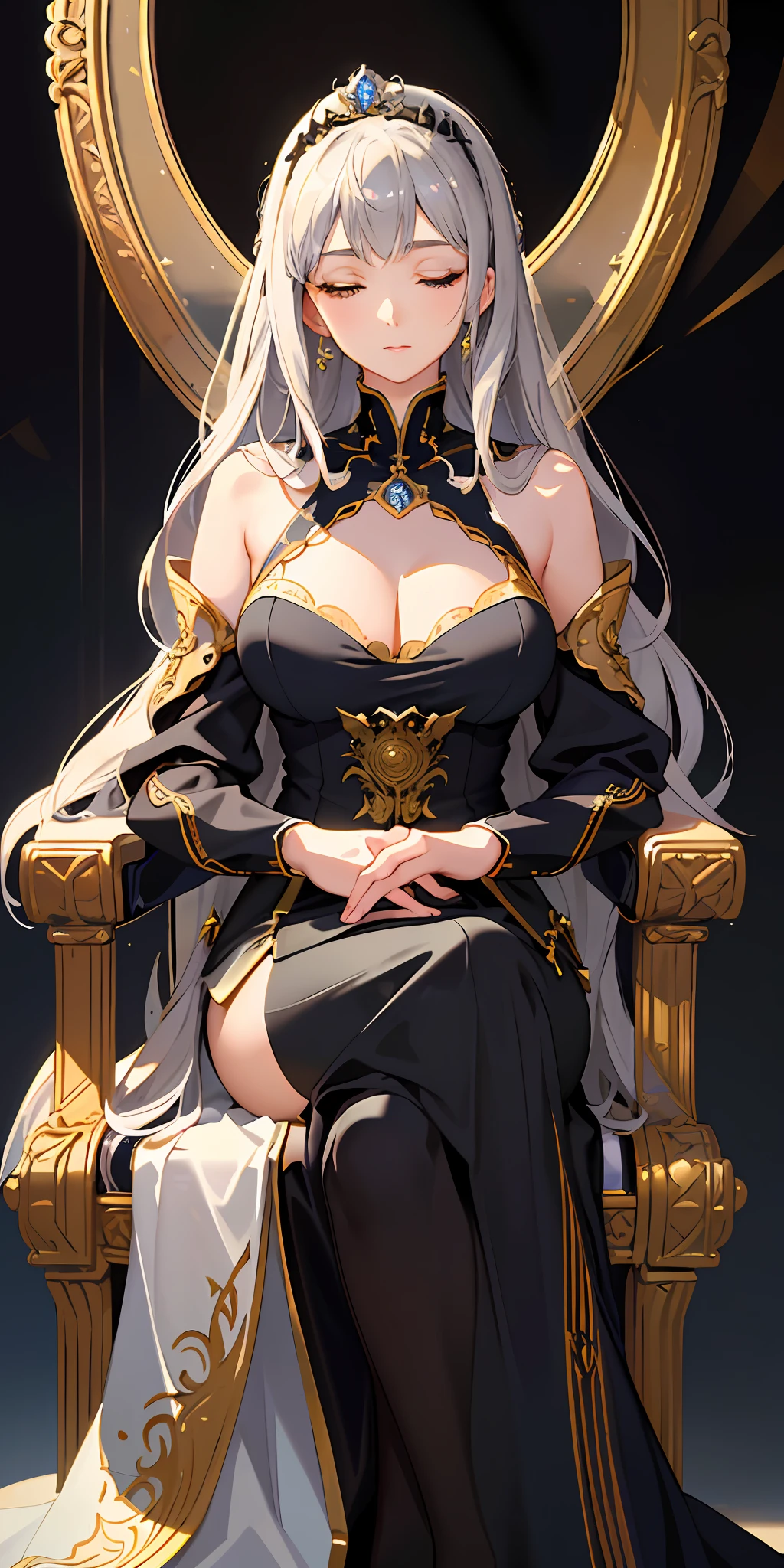 (Masterpiece:1.2), best quality, (illustration:1.2), (ultra-detailed), hyper details, (delicate detailed), (intricate details), (cinematic light, best quality Backlights), clear line, from below, solo female,perfect bodies,gigantic cleavage breasts,(1girl),Gray hair and yellow eyes,(the emperor,Black see-through garment),(tiara crown:1.1),sitting on an royal throne,Close your eyes slightly,low head,low head,(is shy:1.2 ), ((makeup)), High contrast, (best illumination, an extremely create and beautiful), ((cinematic light)), Bright colors,