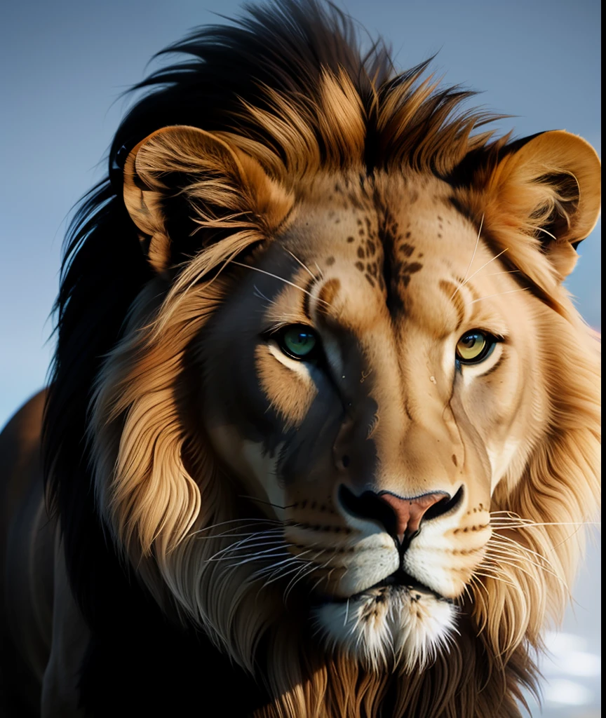 majestic realistic lion with neon blue color dominant and detailed face dark eyes, brown coloured face, (SEMI-SILHOUETTE light:1.1), (raytracing:1.1), (cryengine:1.1), (skin detail:1.1),(photrealistic:1.1)