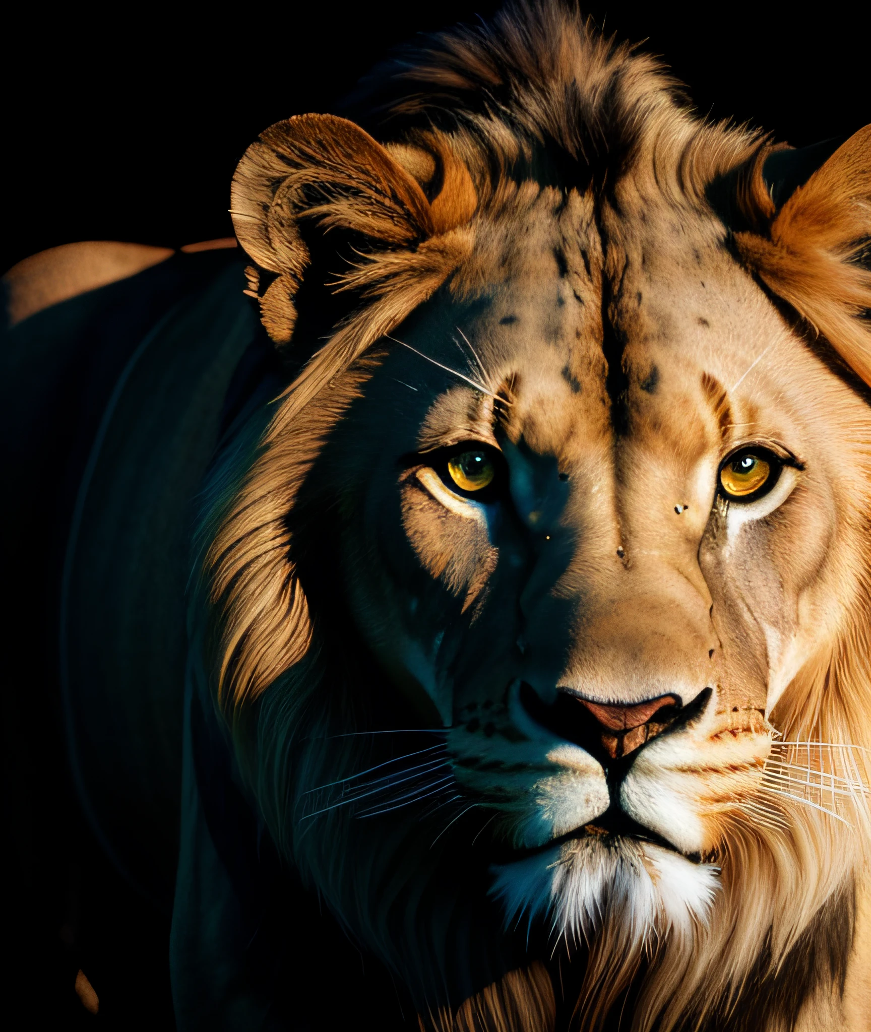 majestic realistic lion with neon blue color dominant and detailed face dark eyes, brown coloured face, (SEMI-SILHOUETTE light:1.1), (raytracing:1.1), (cryengine:1.1), (skin detail:1.1),(photrealistic:1.1)