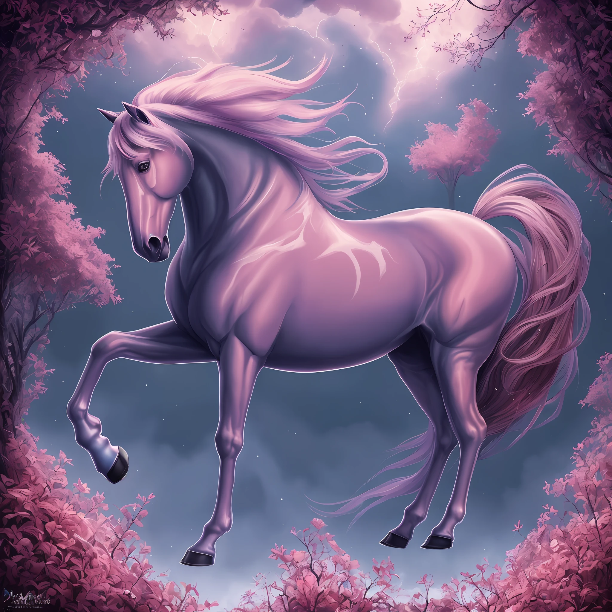 pintura de um cavalo com uma juba longa e uma juba rosa, cavalo bonito, Cavalo Centauro, Cavalo digital, Cavalo sereno bonito, Horse, armadura dourada e brilhante de cobre, juba e cauda fluindo, albino mystic, equino anatomicamente correto, pele perolada, highly detailed magical fantasy, mytical creature, painted in high resolution, inspirado em John Frederick Herring, Jr.