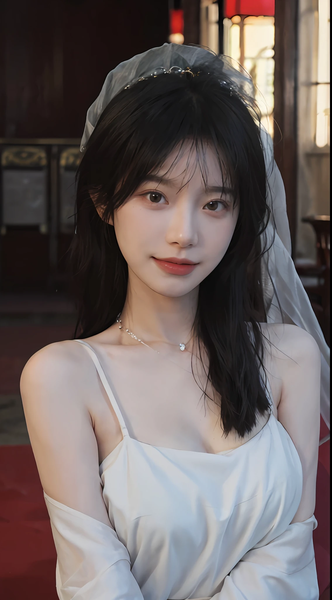 best qualtiy, 超高分辨率, (realisticlying:1.4),cute hairpin,Baoyu Girl,Stand in the wedding hall,Wearing a white wedding dress,(flatchest:1.2) ,A pair of clear and moving peach blossom eyes,Royal Sister,sunshine on face,Big wavy hairstyle,(choker necklace:1.2),(Fair skin:1.4),a sense of atmosphere,a beauty girl, ssmile,head straight-looking at viewer, closeup cleavage ,(Photorealistic:1.4),1girll,Sexy,(Upper body:1.4),(Wet body),(:1.2)