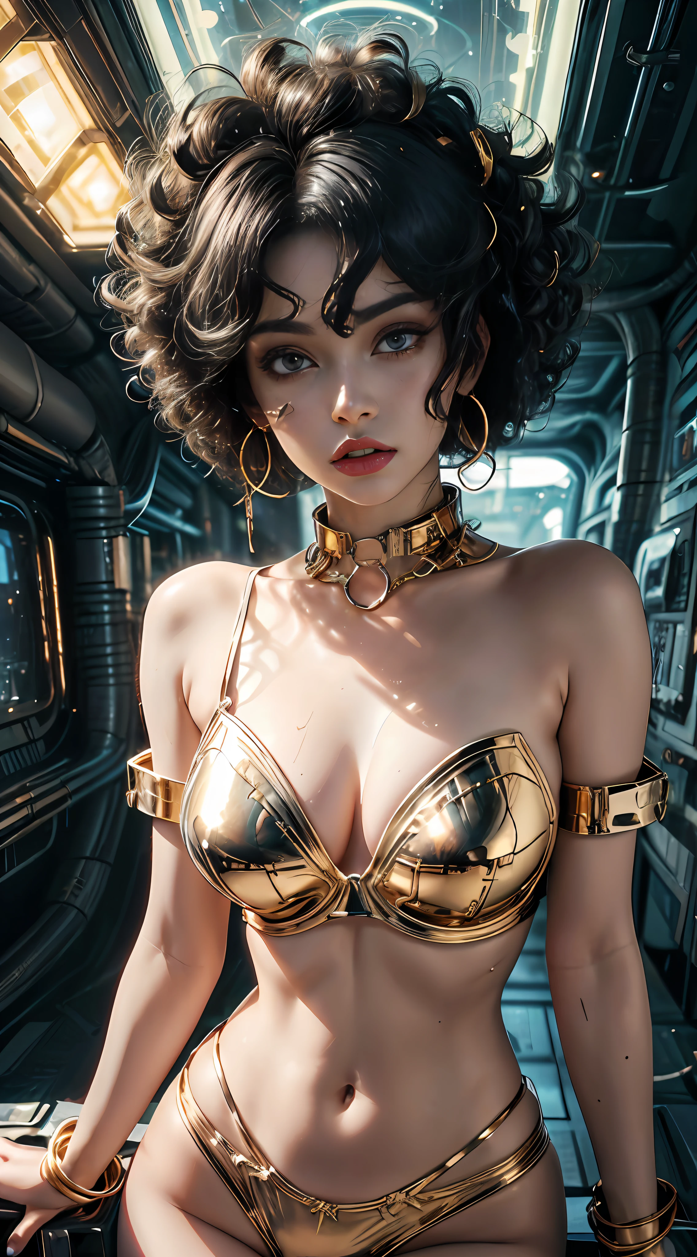 Girl naked in gold body jewelry, Highly Detailed Face and Skin Texture, ((white skin)) big green eyes, slim face, juicy lips, bimbo lips, big puffy breast, Tiny breastplates ((afro curly Black hair)), pale skin, Detailed Eyes, Double Eyelids, cyberpunk gold metal jewelry BDSM, gold metal cyberpunk tapes on body, metal Collar, metal gold futuristic tiny Panties t-strings, metal Tiny panties, metal stickini, metal cupless bra, metal clothes, gold body jewelry, wet skin, she is naked. White skin, she is on the futuristic cyberpunk white and Black room in the spacecraft. Ring in the nose.