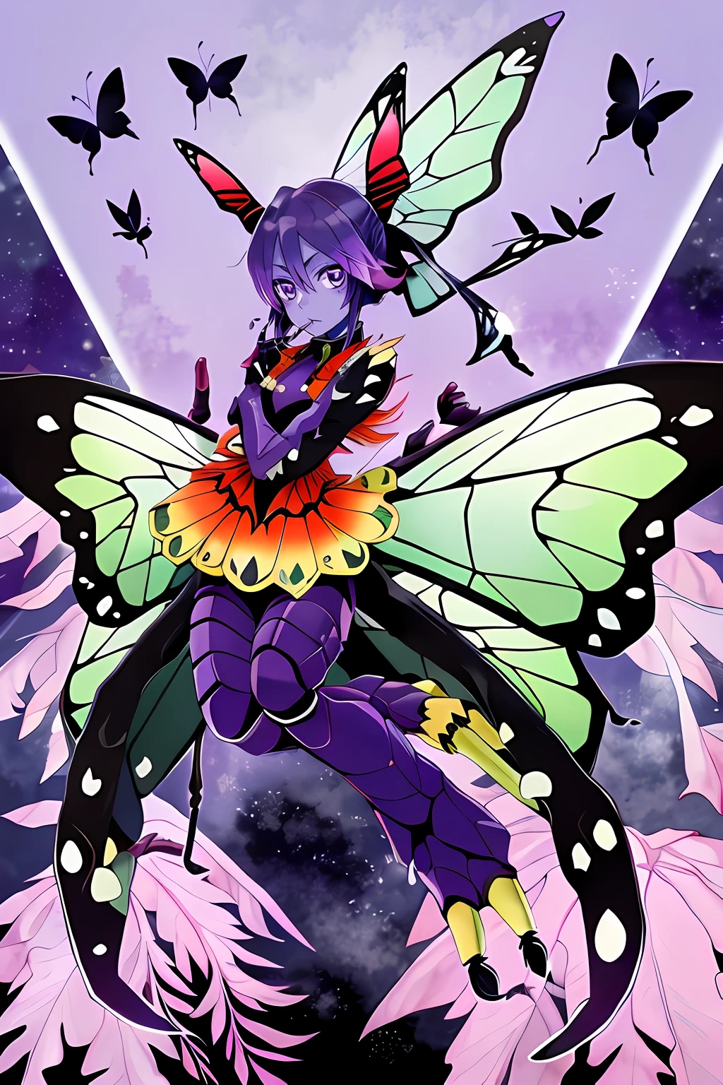 Kochou Shinobu as a Digimon, 1girl,masterpiece, multicolored hair, long sleeves, purple eyes, Insect , fairy ,Butterfly like, digimon\(creature\),((Purple Skin)), Butterfly wing, Insectoid arms ((,insect limbs))