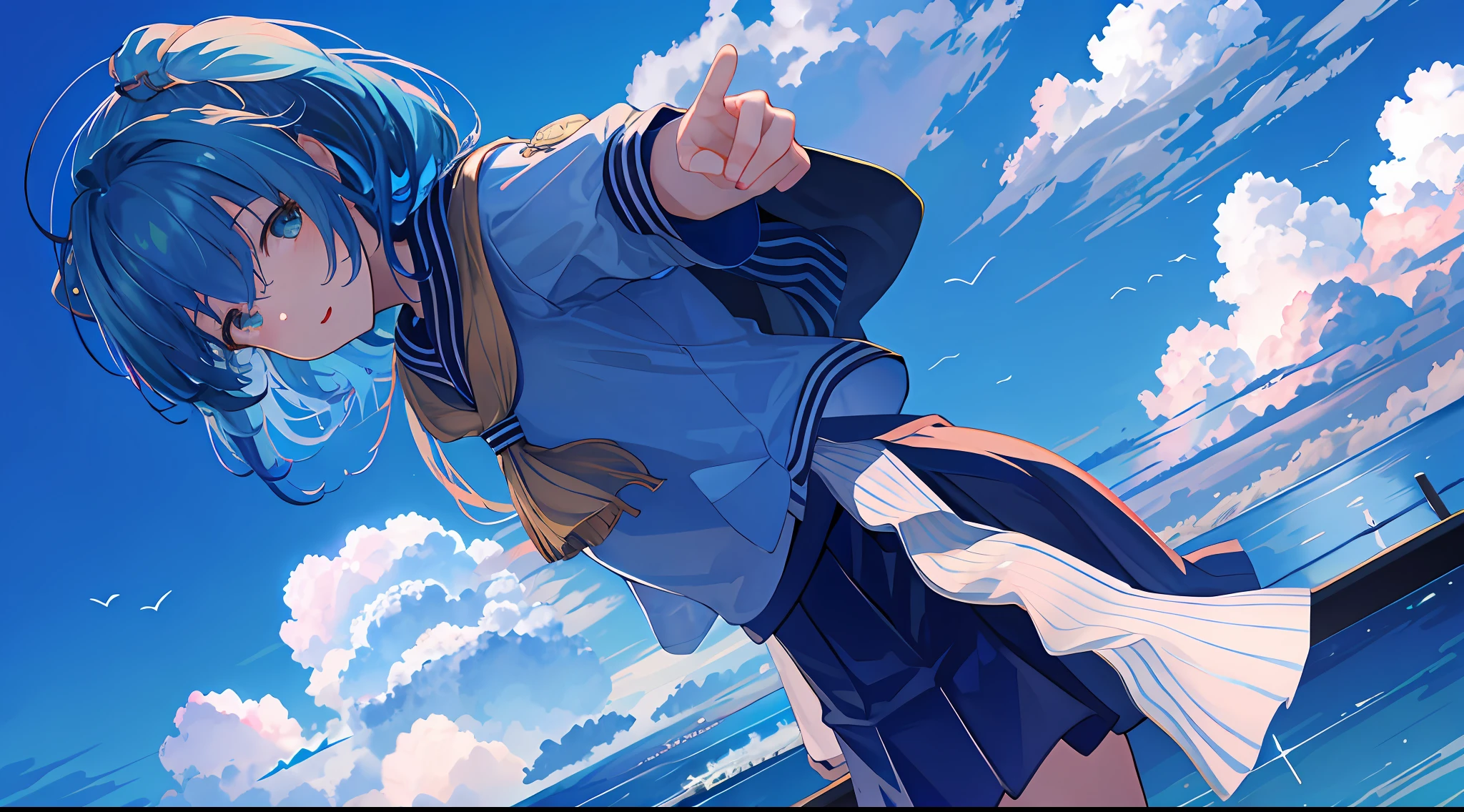 1girl in, Extend your hand、Skysky,natta、Kamimei、gazing at viewer、Blue-haired、Pleated miniskirt