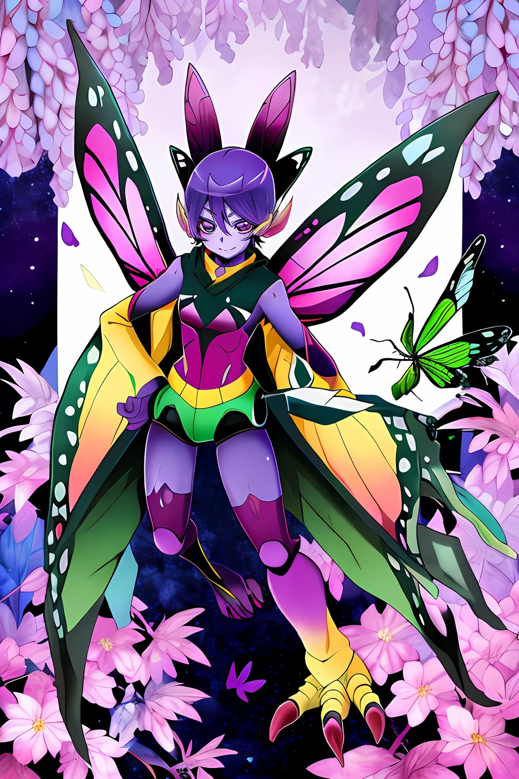 Kochou Shinobu as a Digimon, 1girl,masterpiece, multicolored hair, long sleeves, purple eyes, Insect , fairy  ,Butterfly like, digimon\(creature\),((Purple Skin)), Butterfly wing, Insectoid arms ((,insect limbs))