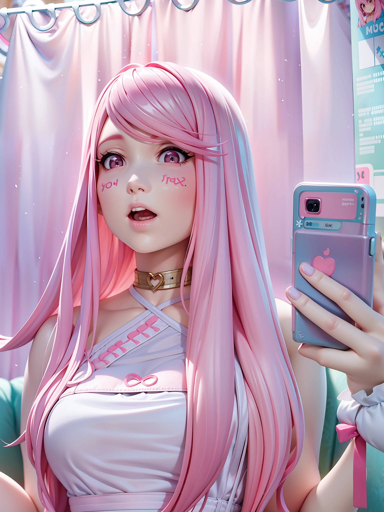 there is a woman with pink hair holding a cell phone, belle delphine, with pink hair, kawaii aesthetic, ulzzang, long bubblegum hair, long flowing pink hair, pastel goth aesthetic, pink straight hair, anime vibes, ((pink)), flowing pink hair, aesthetic cute with flutter, long pink hair, light pink hair, pink pastel