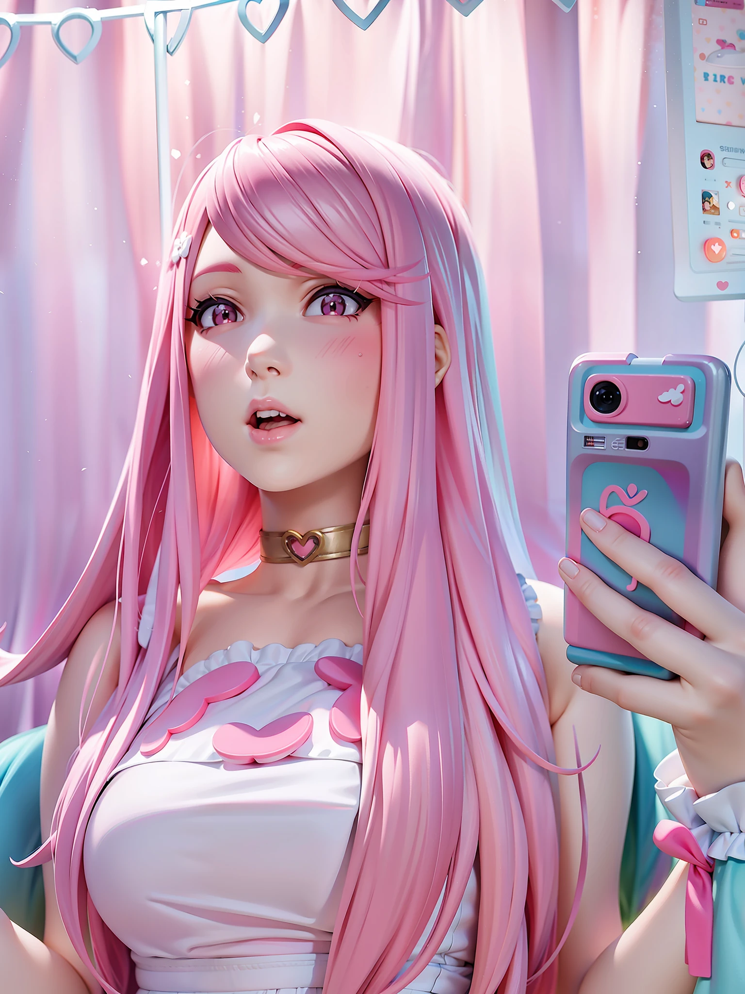 there is a woman with pink hair holding a cell phone, belle delphine, with pink hair, kawaii aesthetic, ulzzang, long bubblegum hair, long flowing pink hair, pastel goth aesthetic, pink straight hair, anime vibes, ((pink)), flowing pink hair, aesthetic cute with flutter, long pink hair, light pink hair, pink pastel