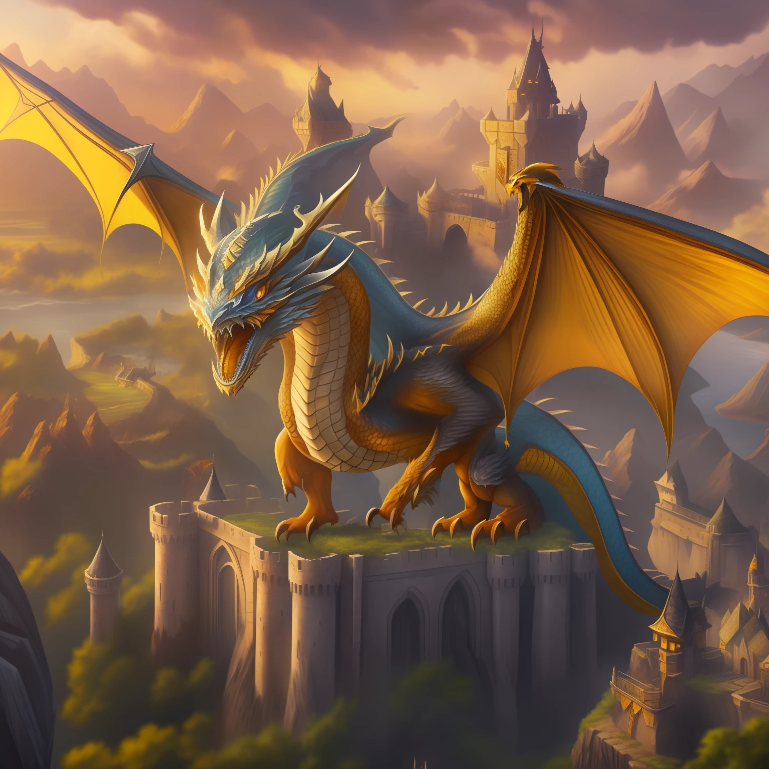 Masterpiece, dragon, yellow skin, 4 wings, white eyes, glowing eyes, angry, flying in the sky, sunny day, (from above), see castle below, fantasy background, extremely detailed, 8k, ultra realistic