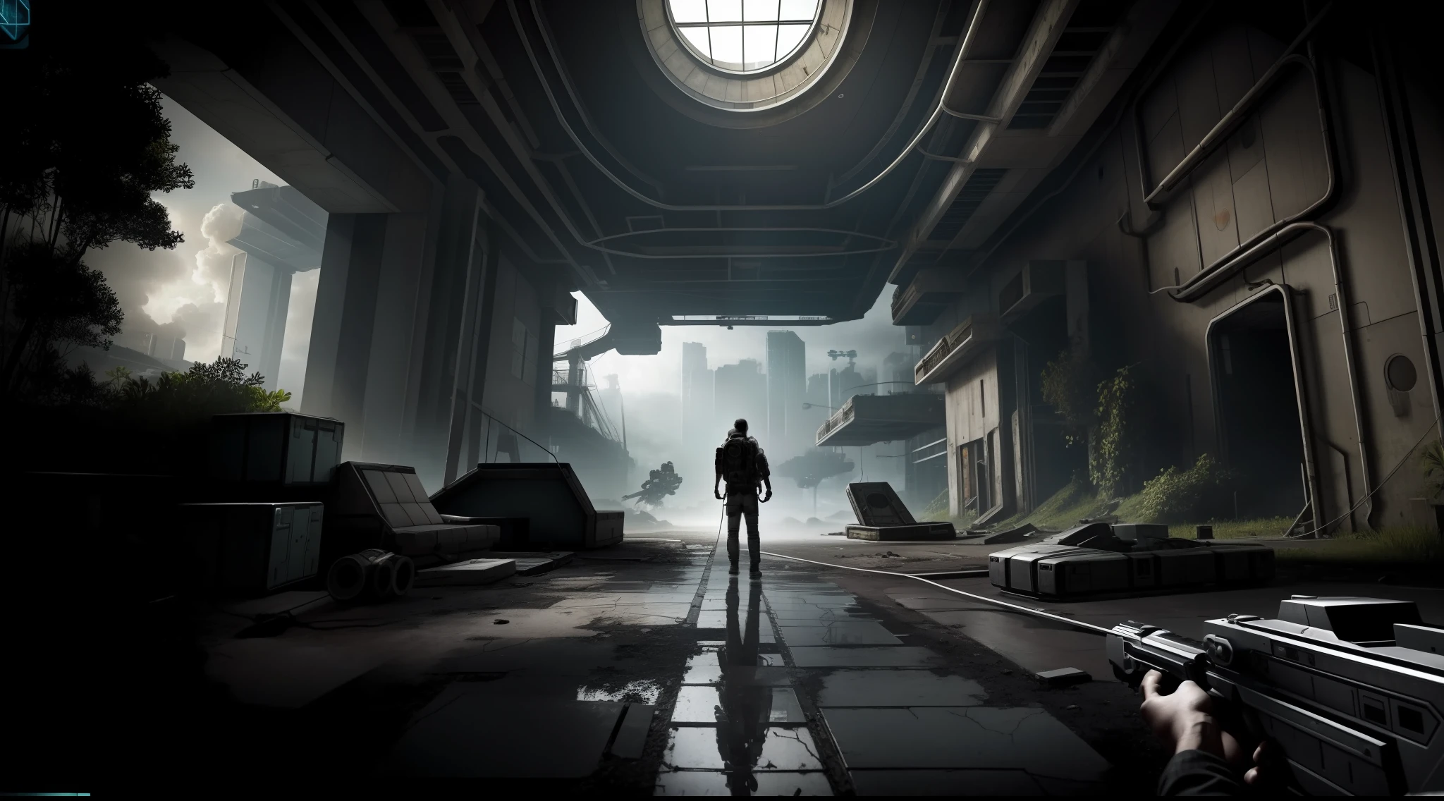 A detailed and hyper-realistic photograph of a dystopian future, inspirado no ambiente dos jogos Portal e Portal 2 para PC.