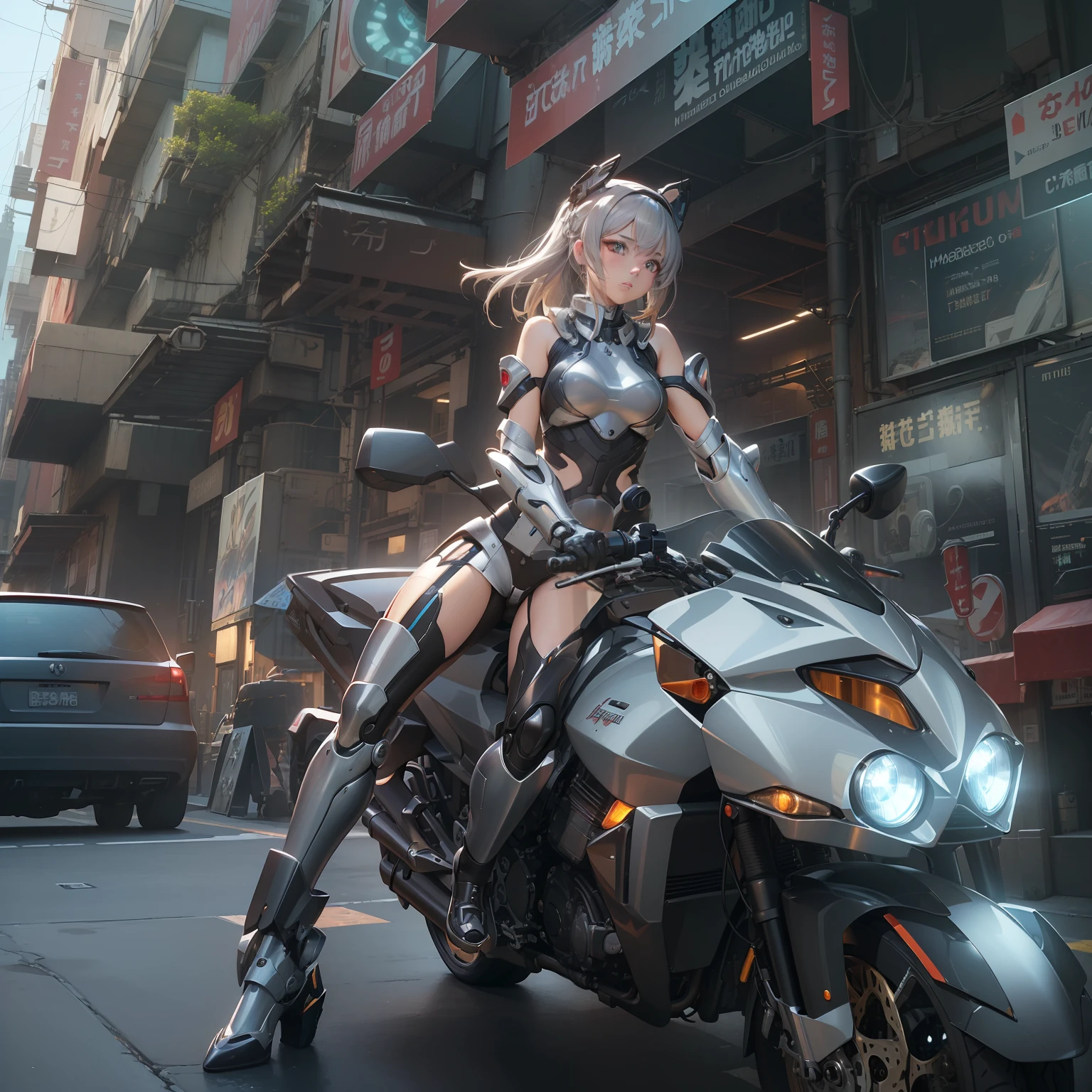 (((​masterpiece)))、(((top-quality)))、((ultra-definition))、(High Definition CG Illustration)、((extremely delicate and beautiful))、Anime girl sitting on a motorcycle in the city of the future, Cinematic Light、cyberpunked、steampunc、2080s、animesque、trending on artstationh、Rachel Walker、mechanized valkyrie girl, Girl in Mecha Cyber Armor
