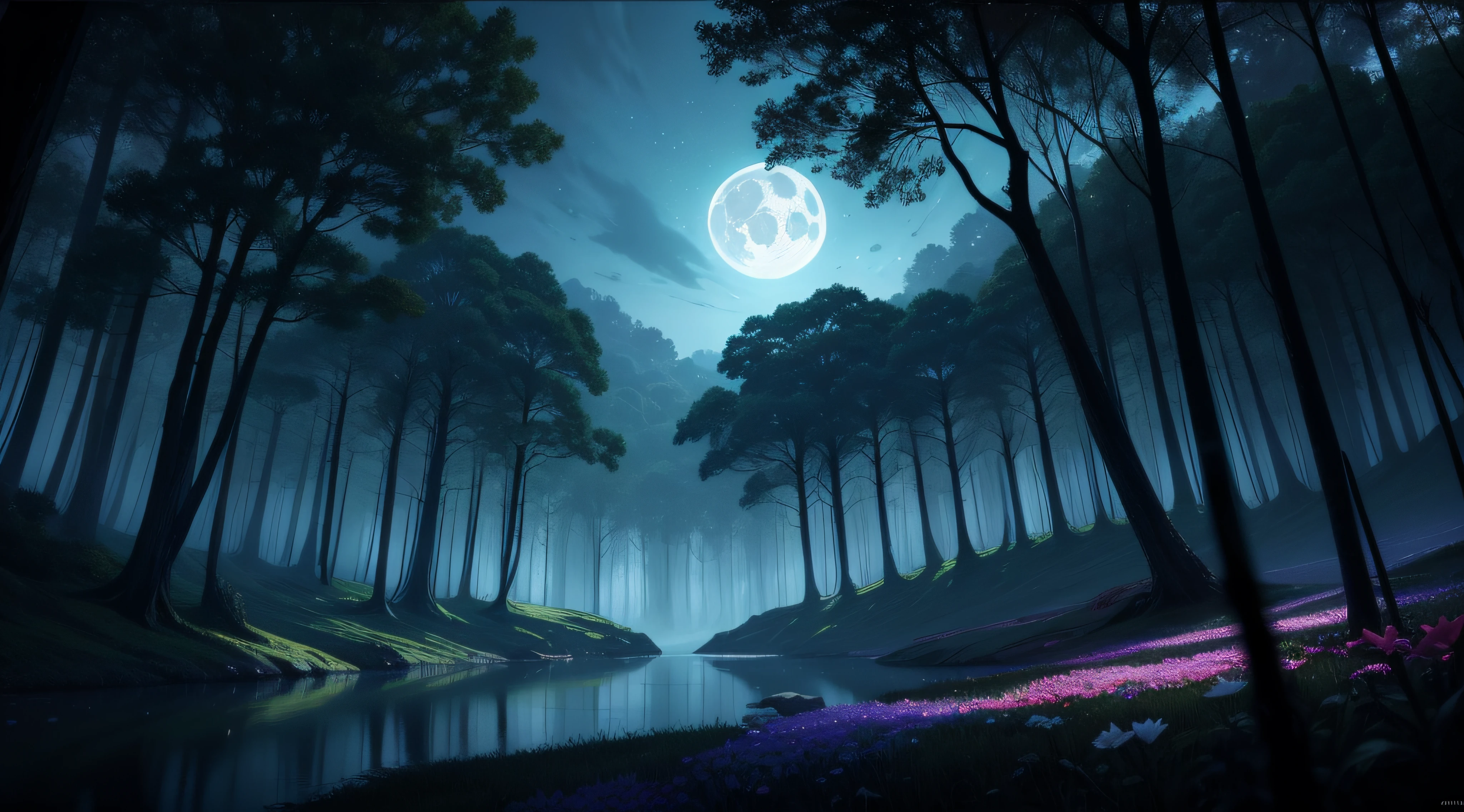 There is a painting of a shadowy forest illuminated by a very large moon, floresta da fantasia com uma grande lua, 4K HD |, Paisagem da floresta na noite da fantasia , fundo da floresta steampunk, floresta de fantasia escura, lua grande brilhando, paisagem de arte de fantasia, fundo de fantasia forrest, Uma floresta de fantasia, Arte de fantasia 4k, Arte de fantasia enevoada mal-humorada, fundo da floresta da fantasia, pintura de fantasia digital