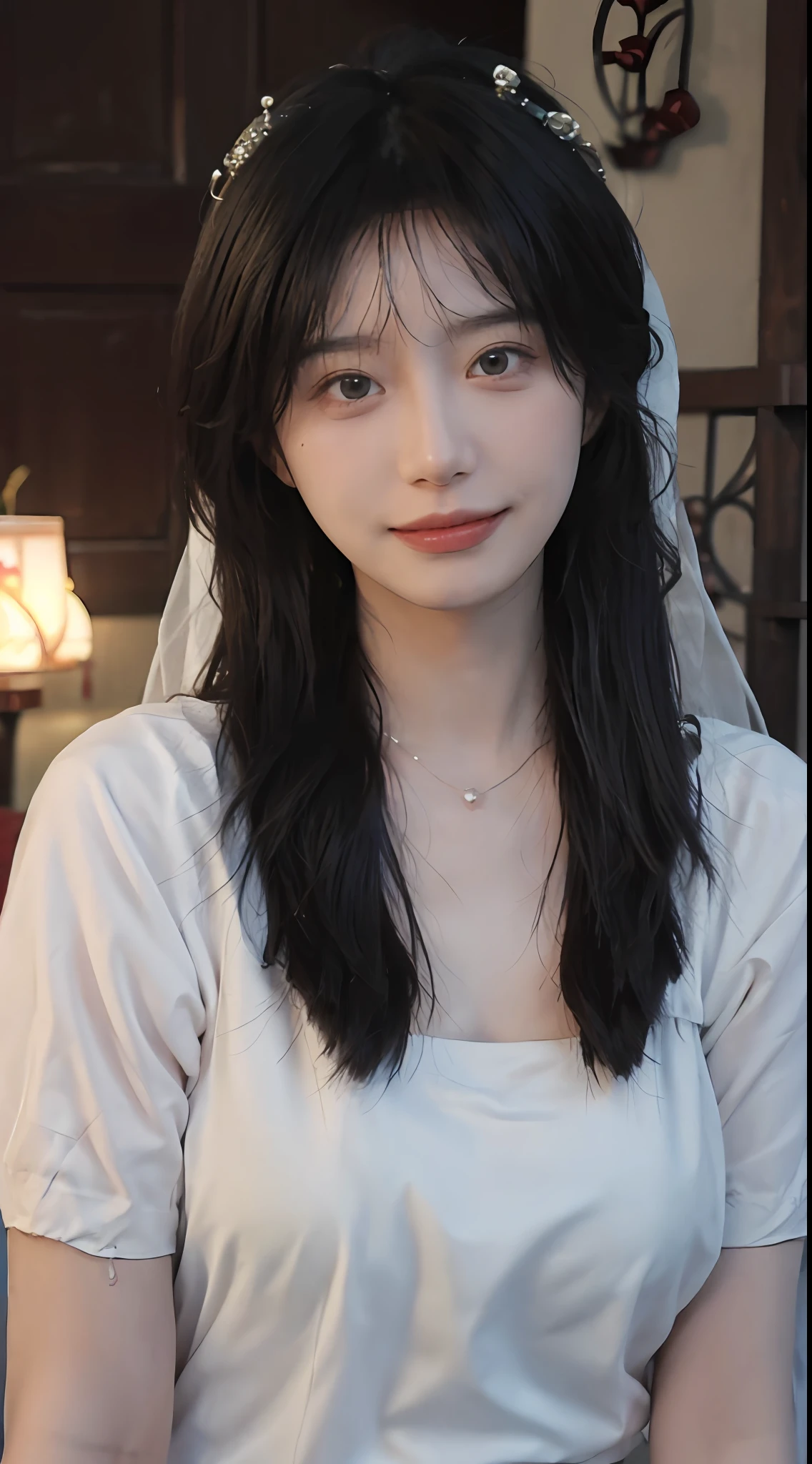 best qualtiy, 超高分辨率, (realisticlying:1.4),cute hairpin,Baoyu Girl,Stand in the wedding hall,Wearing a white wedding dress,(flatchest:1.2) ,A pair of clear and moving peach blossom eyes,Royal Sister,sunshine on face,Big wavy hairstyle,(choker necklace:1.2),(Fair skin:1.4),a sense of atmosphere,a beauty girl, ssmile,head straight-looking at viewer, closeup cleavage ,(Photorealistic:1.4),1girll,Sexy,(Upper body:1.4),(Wet body),(:1.2)