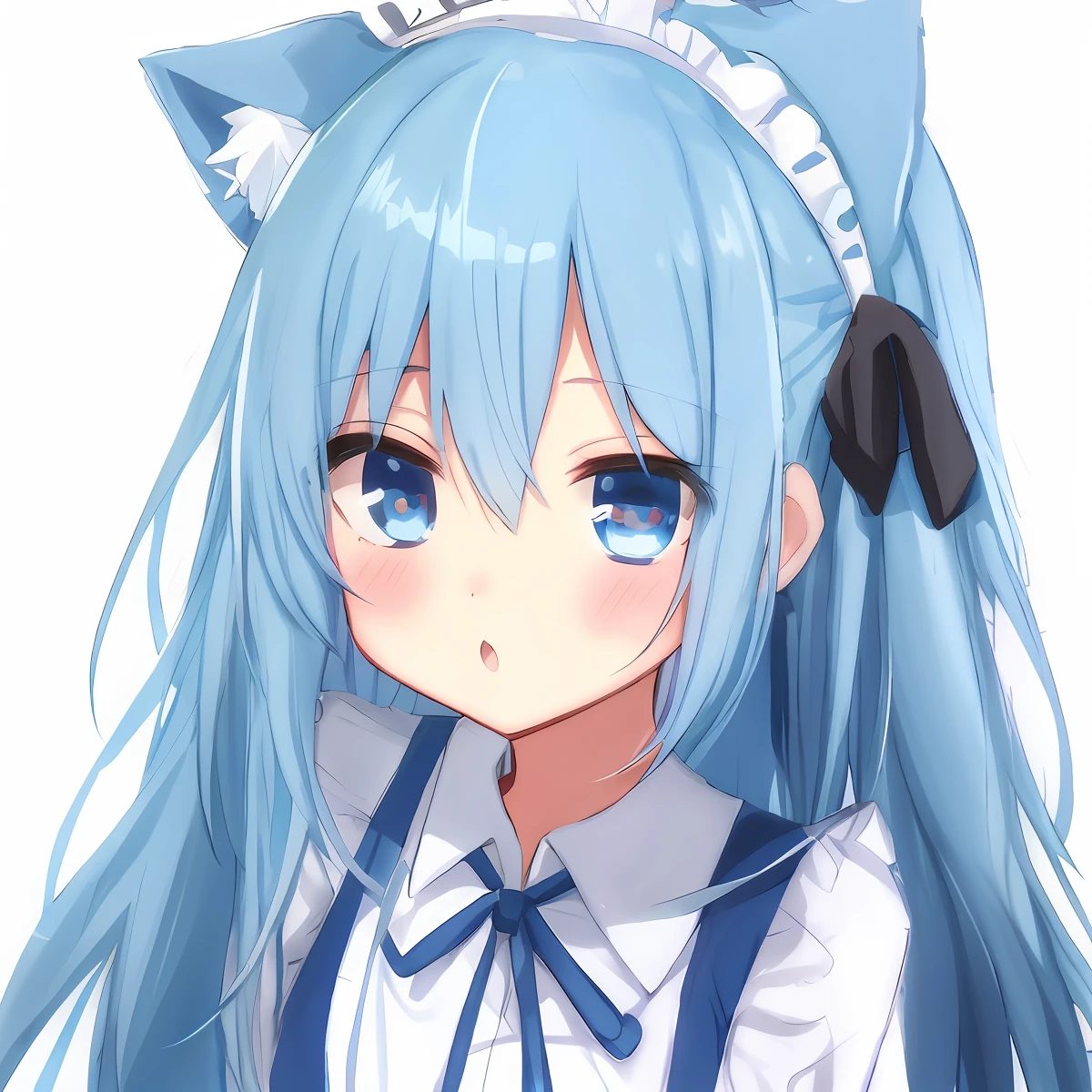 Anime girl with blue hair and blue eyes white shirt, Anime moe art style, mikudayo, with index finger, anime visual of a cute girl, Cute anime girl, senko-san, anime best girl, up of young anime girl, nightcore, An anime girl, Anime girl, anime girl with cat ears, white cyan, maid hair band