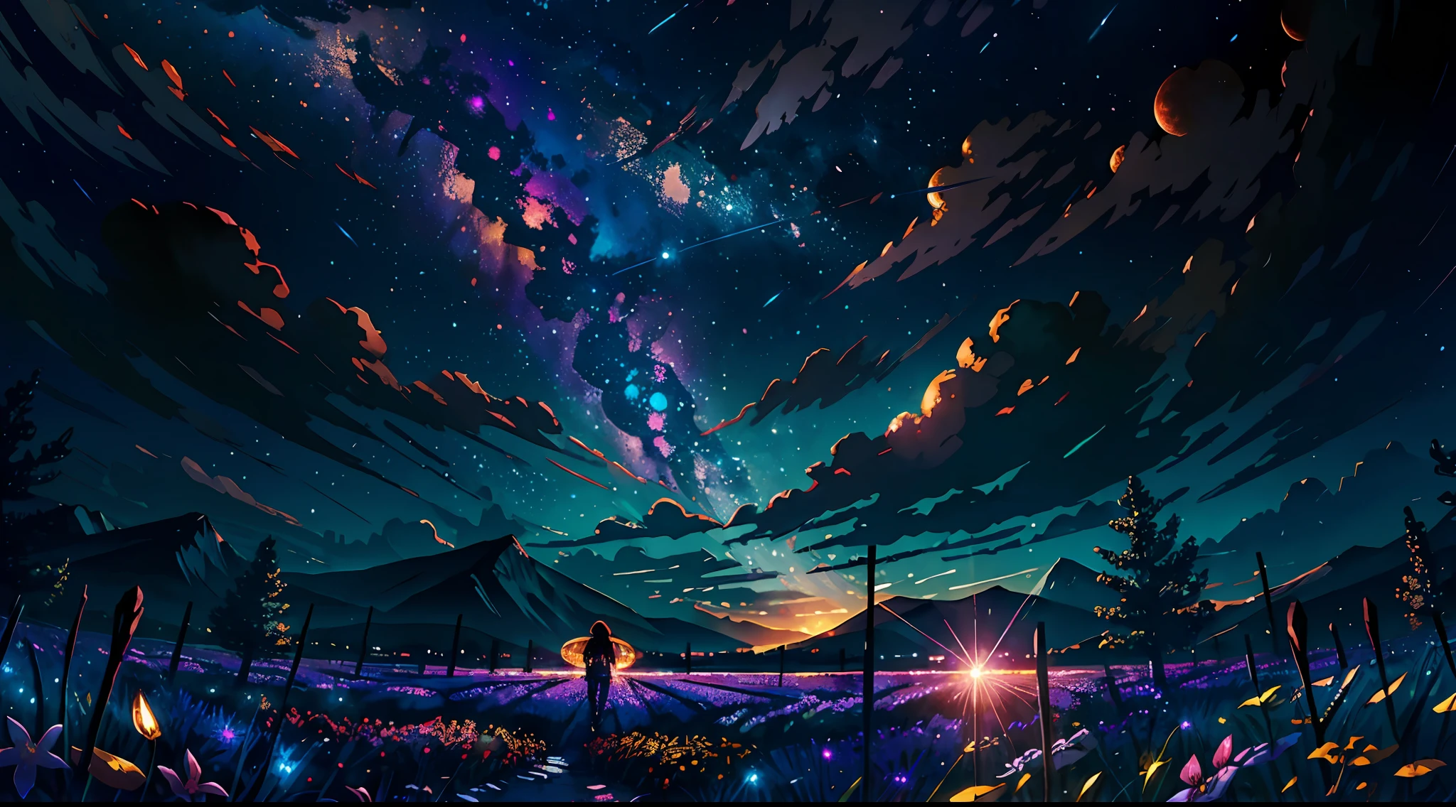 expansive landscape photograph , (a view from below that shows sky above and open field below), a girl standing on flower field looking up, (full moon:1.2), ( shooting stars:0.9), (nebula:1.3), distant mountain, tree BREAK
production art, (warm light source:1.2), (Firefly:1.2), lamp, lot of purple and orange, intricate details, volumetric lighting BREAK
(masterpiece:1.2), (best quality), 4k, ultra-detailed, (dynamic composition:1.4), highly detailed, colorful details,( iridescent colors:1.2), (glowing lighting, atmospheric lighting), dreamy, magical, (solo:1.2)