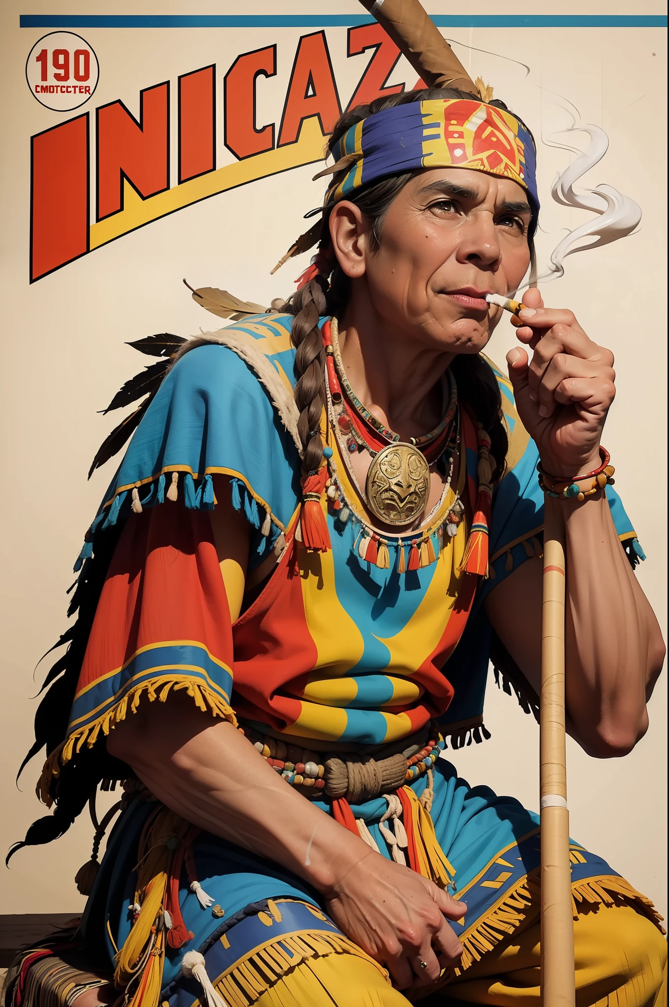 a ((((([old inca, shaman, sitting, relax ])))))), ( full body shot) (((smoking big joint))), nostalgic vibes, vintage, the 6 0 s, 1970s, 1950s, 1960s, Very colourful poster, thirds rule, inspiring, 1970, high quality artwork, poster art style, promotional artwork, hiphop, high quality wallpaper, in a retro or vintage style, reminiscent of classic advertisements or posters. Use warm colors, capturing the nostalgic feel of vintage artwork, from below