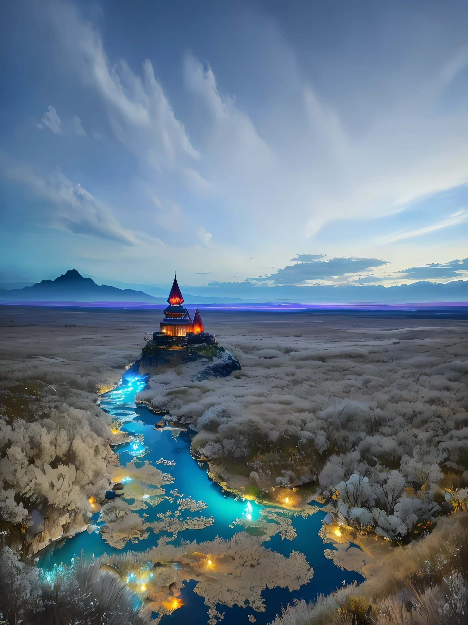 best quality, masterpiece, beautiful wild and natural fantasy landscape with glowing lights