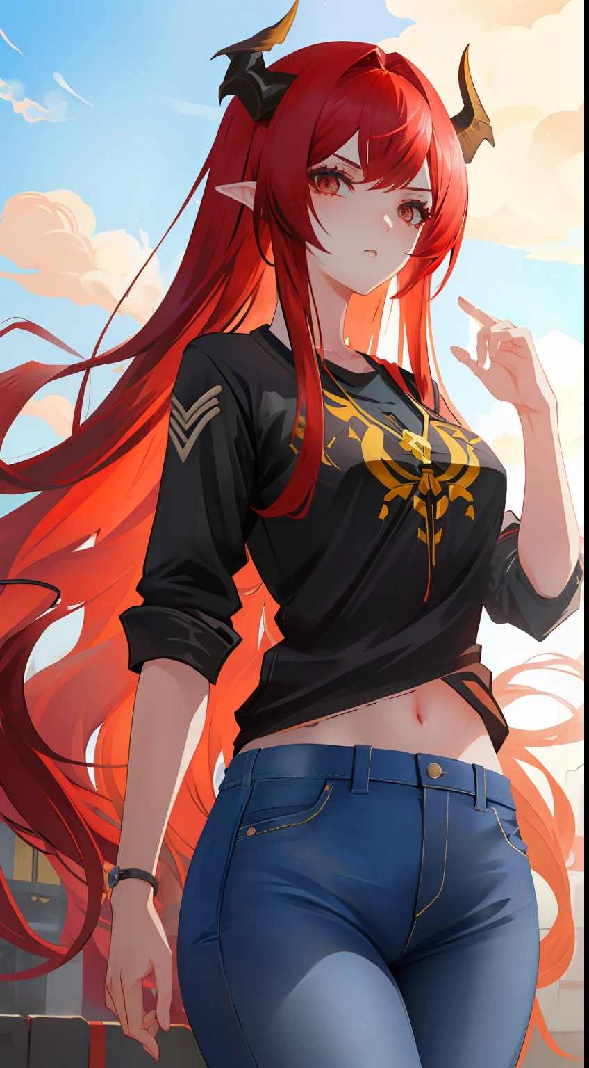 Menina anime com chifres e uma camisa branca e jeans, menina anime demon, Krenz Cushart e Artgerm, Artgerm e Atey Ghailan, Estilo Ross Tran, Guweiz em Pixiv ArtStation, Arte no estilo de Guweiz, dragon girl, por Shitao, Demon girl, cabelos vermelhas, angry expressions, dentes a mostra, pontudos iagus de uma fera