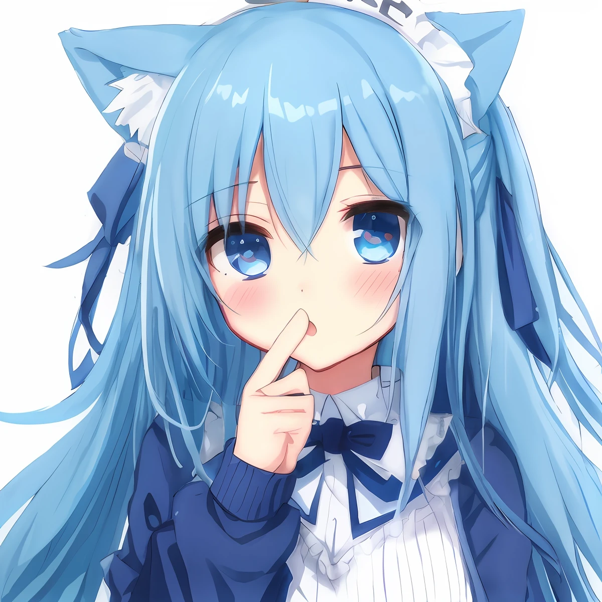 Anime girl with blue hair and blue eyes white sweater, Anime moe art style, mikudayo, with index finger, anime visual of a cute girl, Cute anime girl, senko-san, anime best girl, up of young anime girl, nightcore, An anime girl, Anime girl, anime girl with cat ears, white cyan, maid hair band