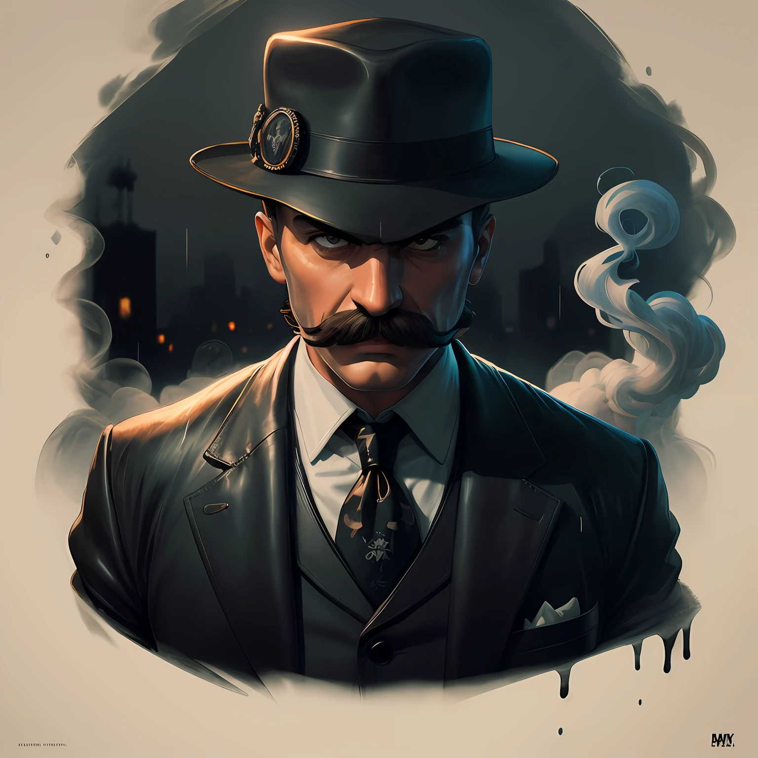 There's a man in a suit and hat with a mustache, epic and elegant portrait, inspirado em Max Magnus Norman, Epic portrait illustration, Detetive Noir e um Fedora, um retrato do personagem, retrato da arte do personagem, mafia background hyper detailed, design de personagens do mundo do filme noir, inspirado em Vincent Lefevre, Martin Ansin, Retrato da obra, Game Illustration