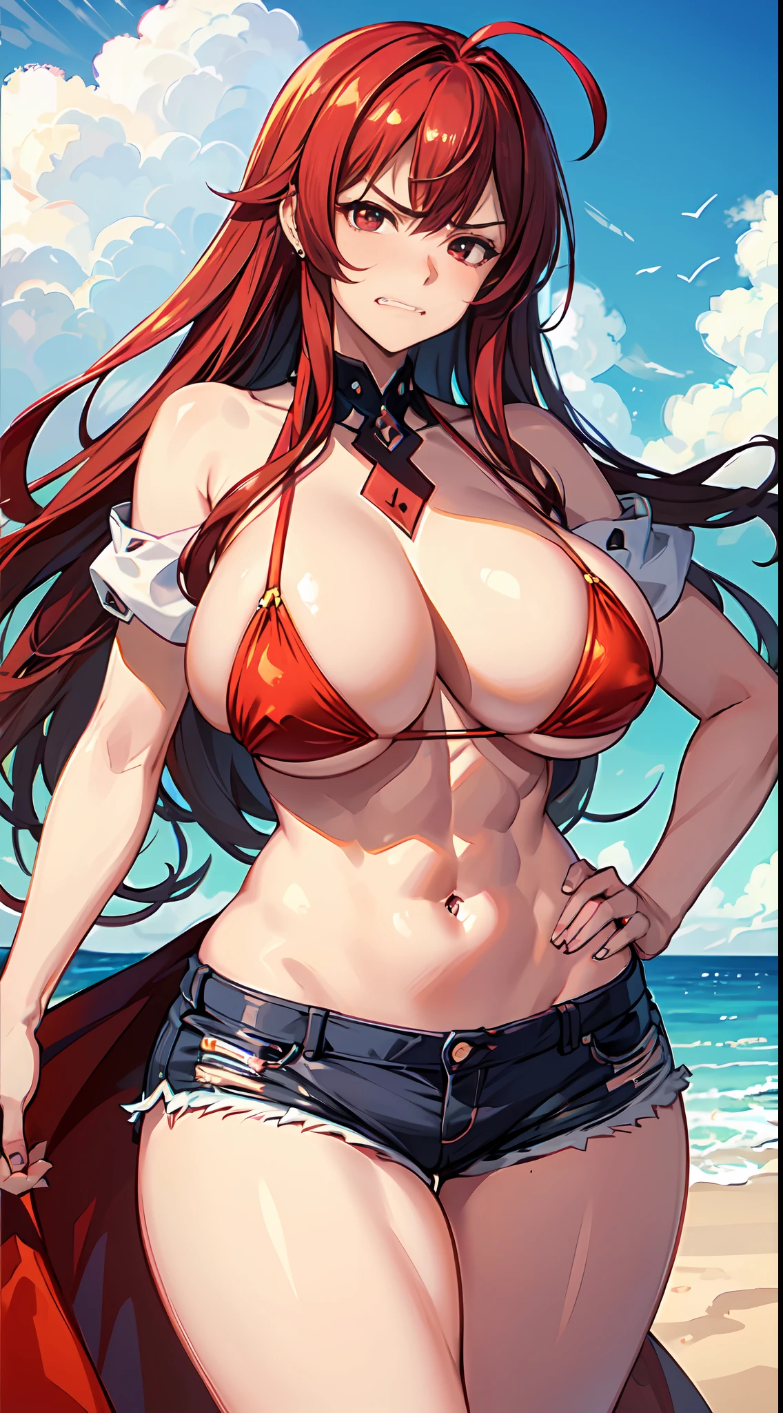 (((Masterpiece))),(((Best Quality))),(((Extremely Detailed))), Illustration, (High Resolution), High Quality, 1 girl, tall woman:1, long hair, incandescent red hair, bulky body, red eyes, curvy:1, (huge breasts:1.2) big ass:1.5), (wide hips:1.2), thick thighs:1 , slim waist:1, ripped abs:1, ((rude attitude)), ((evil smile:1.5)), piercing gaze, ((frown:1.5)), flushed, flirty:1, beautiful body, fair skin beautiful, detailed skin, sexy clothes, ((short shorts. red micro bikini)), marked nipples on clothes, [((sexy pose, dynamic pose))], one hand on her neck. one hand on the waist:1, simple background, a paradise beach, ((ahoge)), (nihilister)