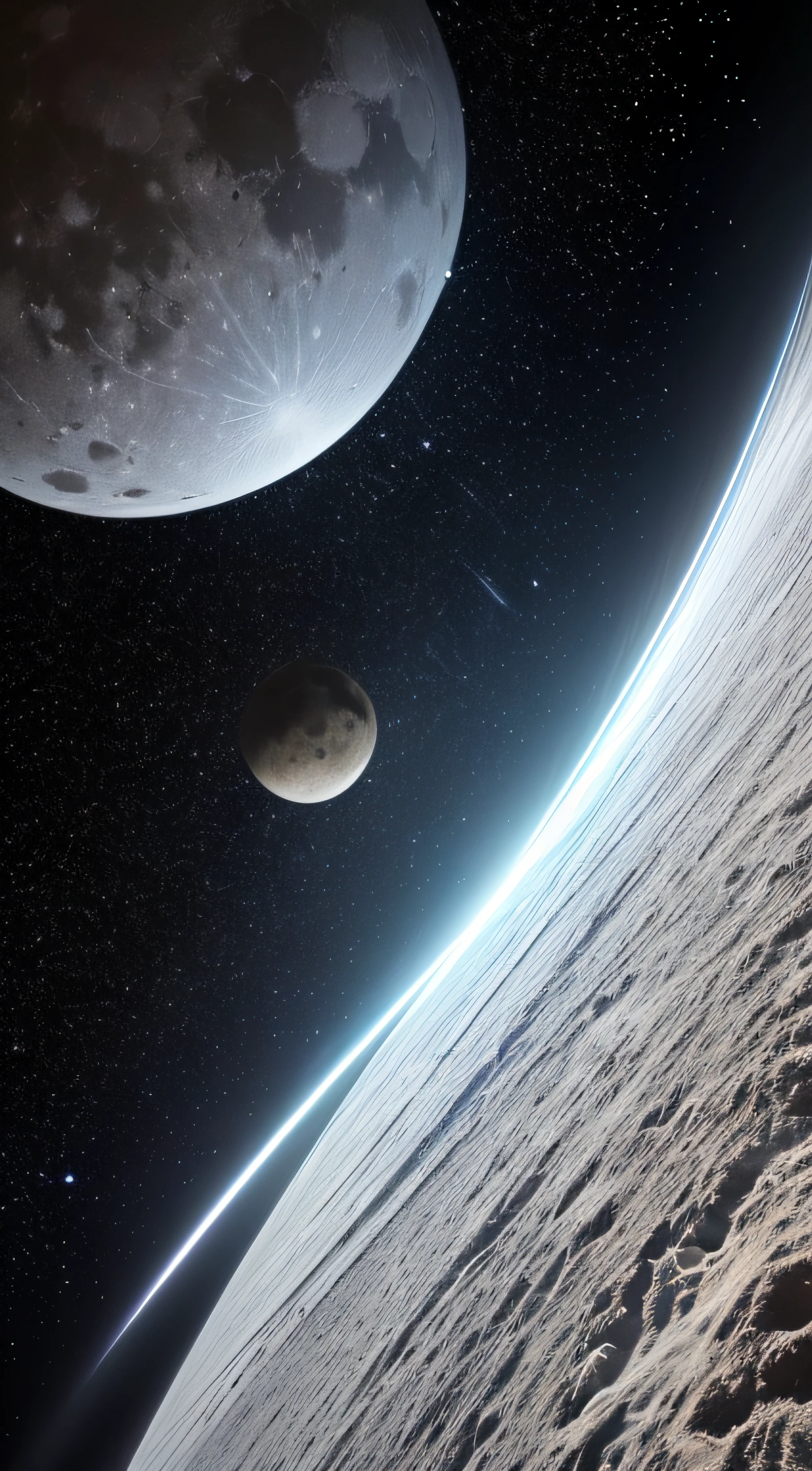 (obra maestra) | (un planeta gris oscuro, con gases negros en su superficie que crean espirales, tres lunas orbitando. entorno espacial con poca luz) | (luz realista, telescopio, efecto de luz)