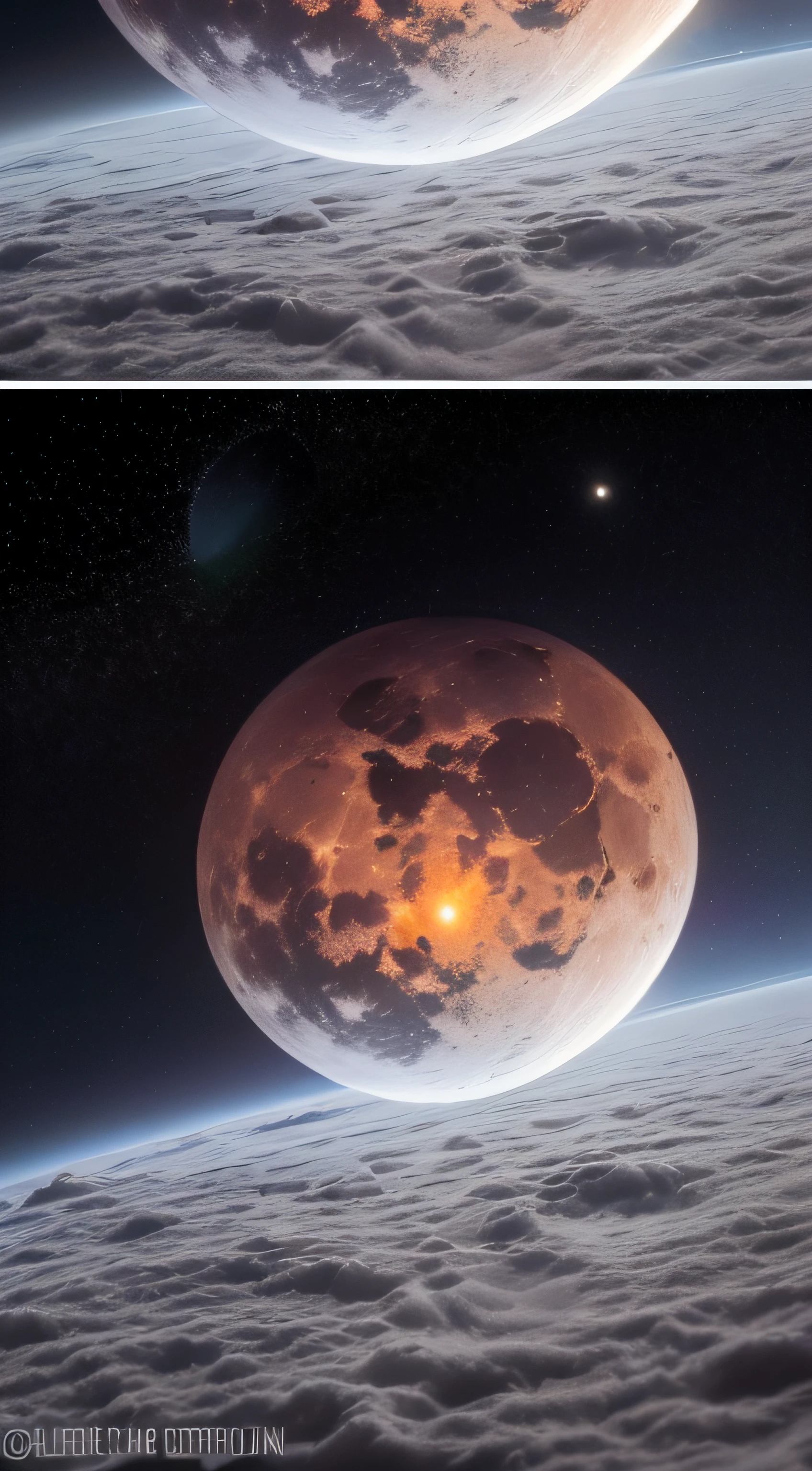 (obra maestra) | (un planeta gris oscuro, con gases negros en su superficie que crean espirales, tres lunas orbitando. entorno espacial con poca luz) | (luz realista, telescopio, efecto de luz)