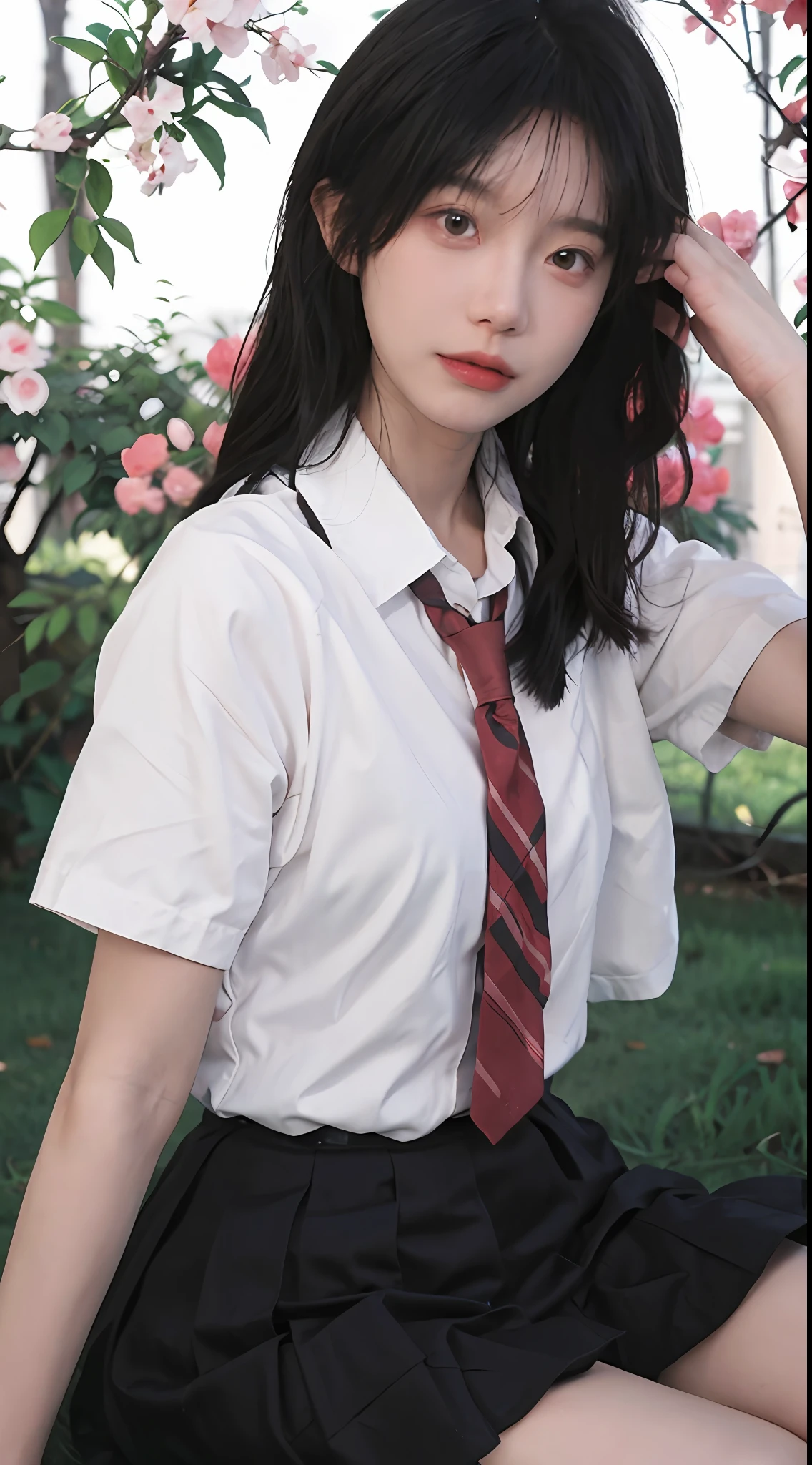 best qualtiy， 超高分辨率， （realisticlying：1.4）， 1girll，Pretty woman with slender figure：1.4，18 female high school students are sexy，White skin，二重まぶた，Delicate eyes，white short blouse，pink necktie，Pink pleated skirt，Over the knee black silk，in woods，Sit on the lawn，Fascinating expectations，Brunette half front half，Half in the back，Pose on the bed in a short skirt and shirt，JK school uniform，short- sleeved，tiedshirt