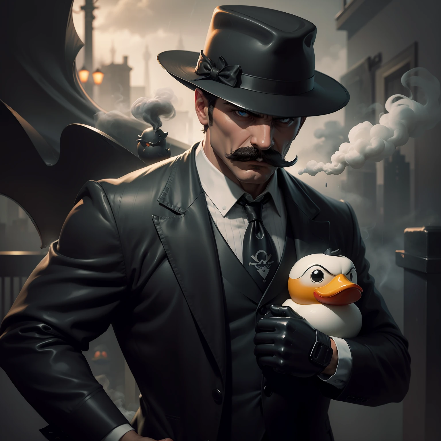 noir detective mr. Rubber Duck. Smoke, rain, moustache and bravery. He can solve any puzzle. But can't beat his inner demons. Expressive dark matte gouche painting.