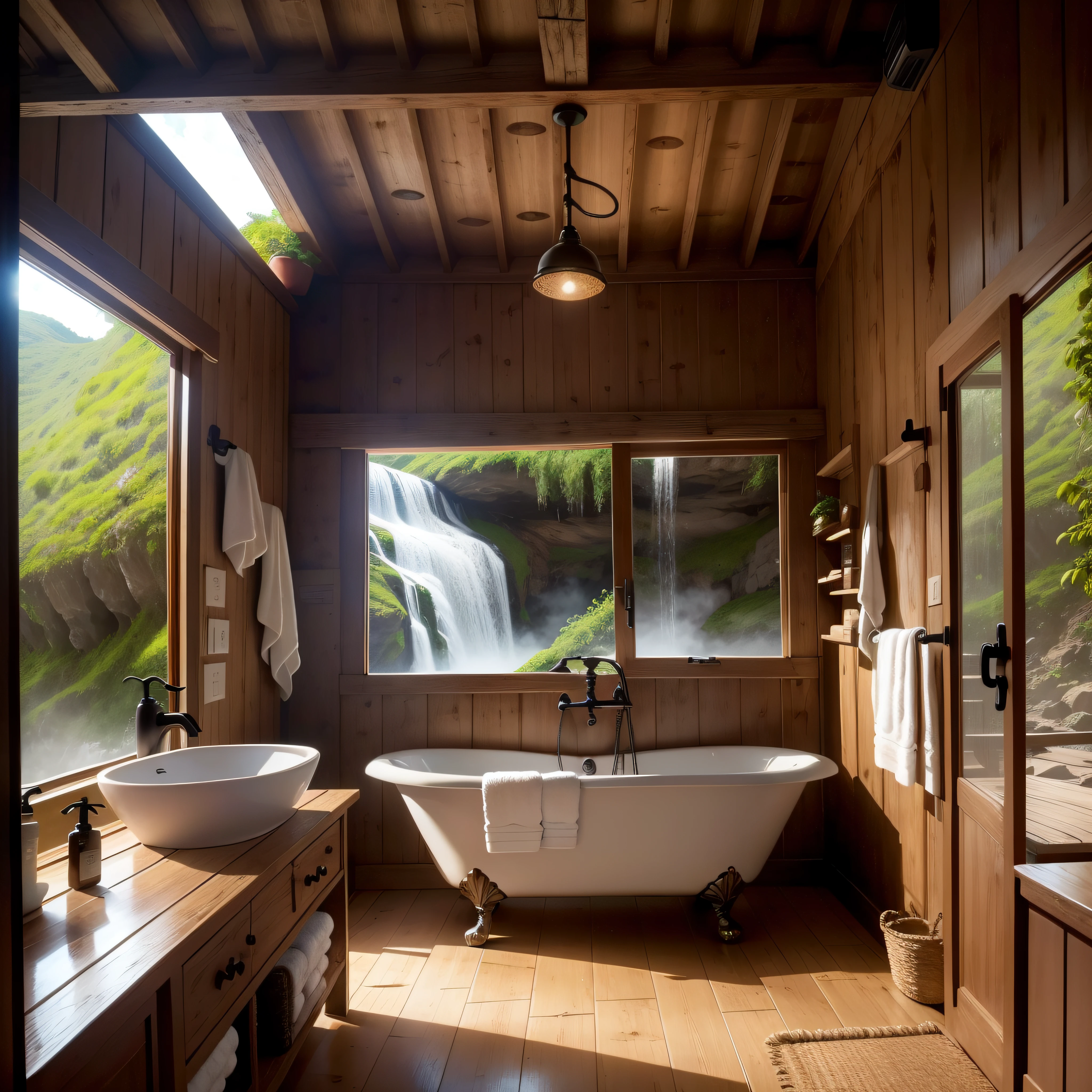 A rustic bathroom, com uma bela pia de madeira, cria um ambiente 4K impressionante. In the background, Uma janela revela uma vista deslumbrante da cachoeira.  Que seja da direita para esquerda e a imagem tenha