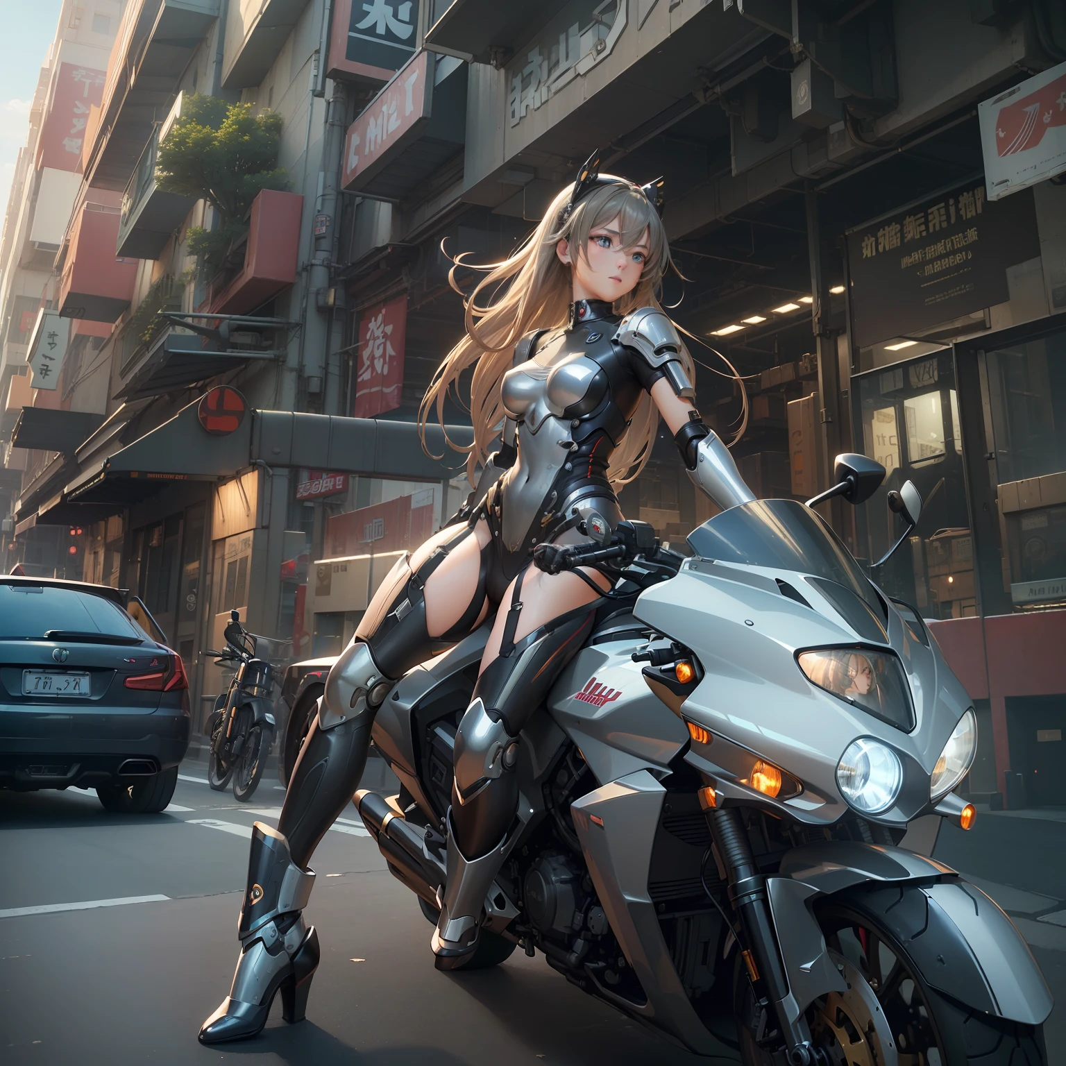 (((​masterpiece)))、(((top-quality)))、((ultra-definition))、(High Definition CG Illustration)、((extremely delicate and beautiful))、Anime girl sitting on a motorcycle in the city of the future, Cinematic Light、cyberpunked、steampunc、2080s、animesque、trending on artstationh、Rachel Walker、mechanized valkyrie girl, Girl in Mecha Cyber Armor