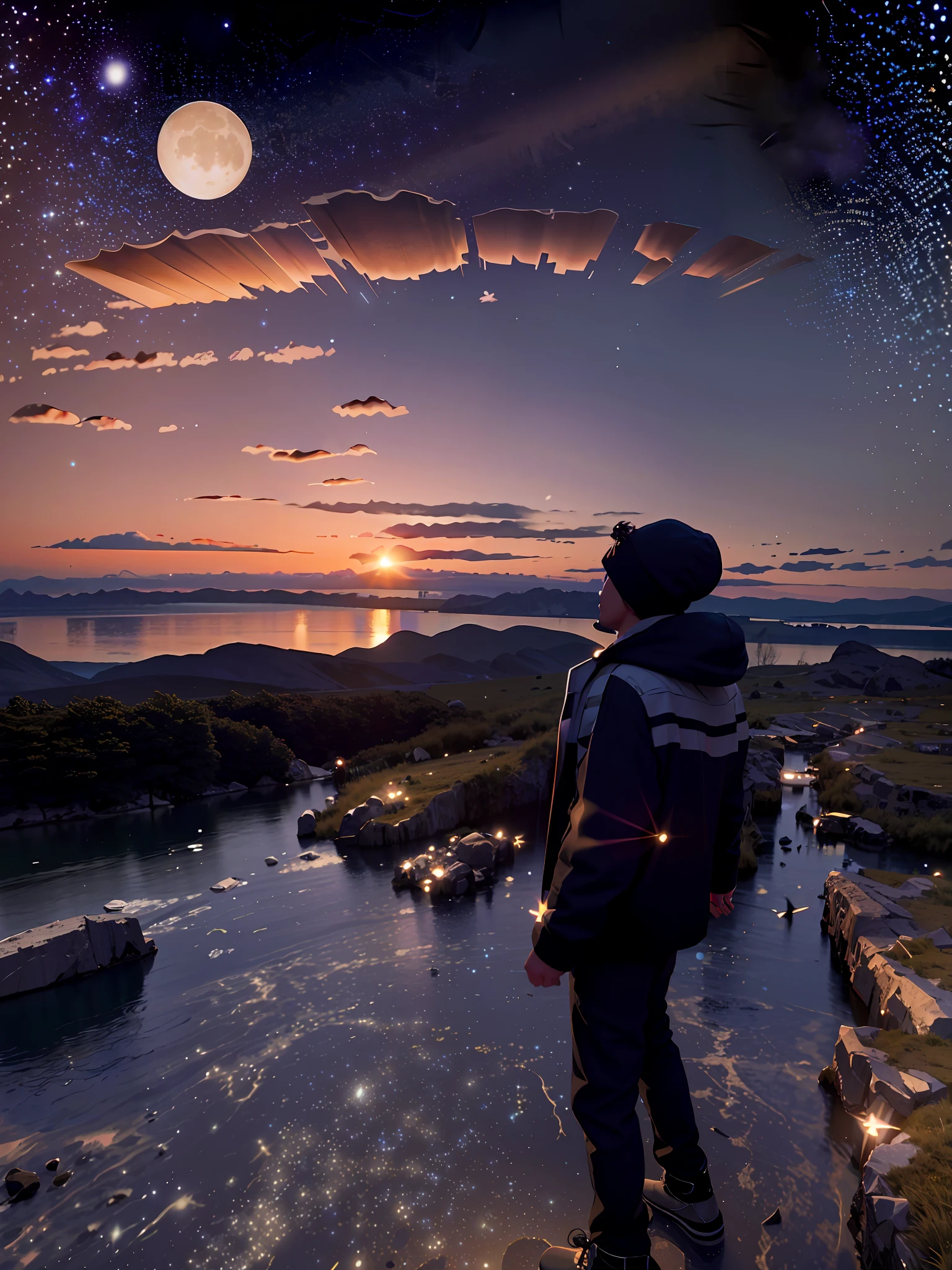 Very starry night. A giant moon behind the mountains. A tranquil lake reflecting the night. Realistic scene, detailed, photorealism, 8k