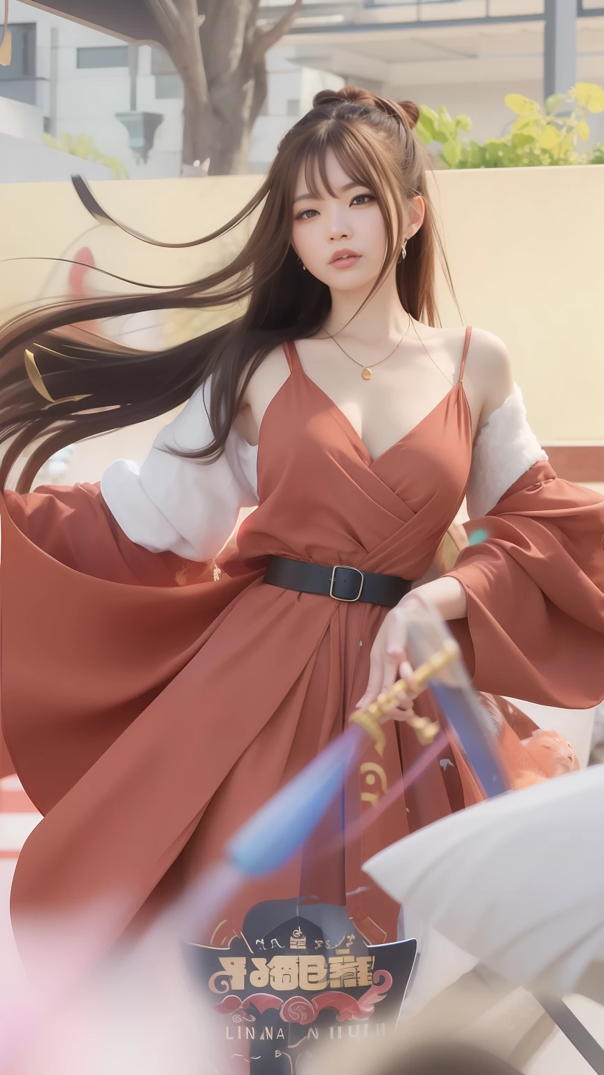 a woman in a red orange dress holding a sword and a cat, bian lian, inspired by Ju Lian, ruan jia and artgerm, onmyoji detailed art, artgerm and ruan jia, onmyoji, inspired by Lan Ying, inspired by Du Qiong, extremely detailed artgerm, artgerm detailed, style artgerm, brown hair