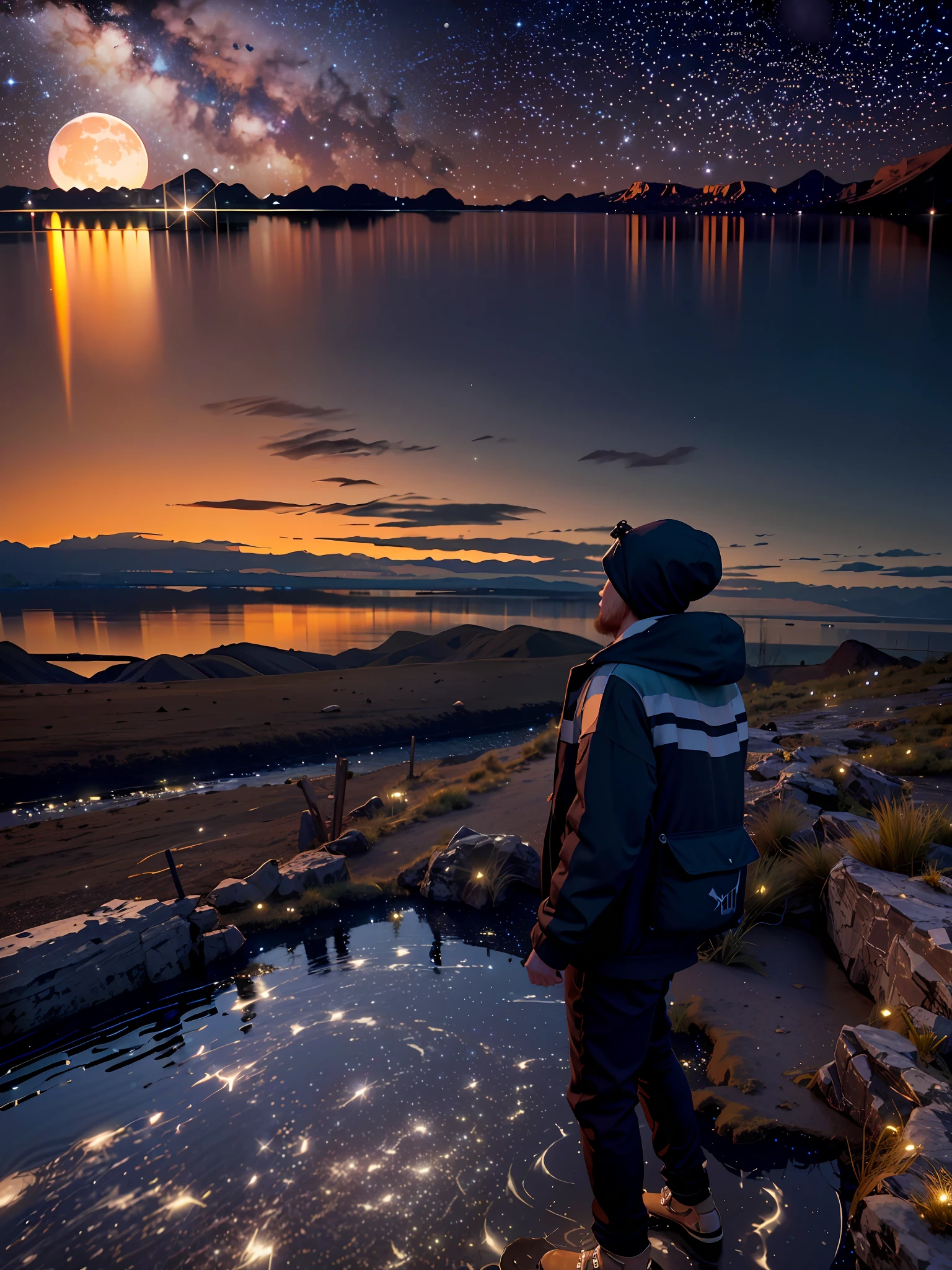Very starry night. A giant moon behind the mountains. A tranquil lake reflecting the night. Realistic scene, detailed, photorealism, 8k