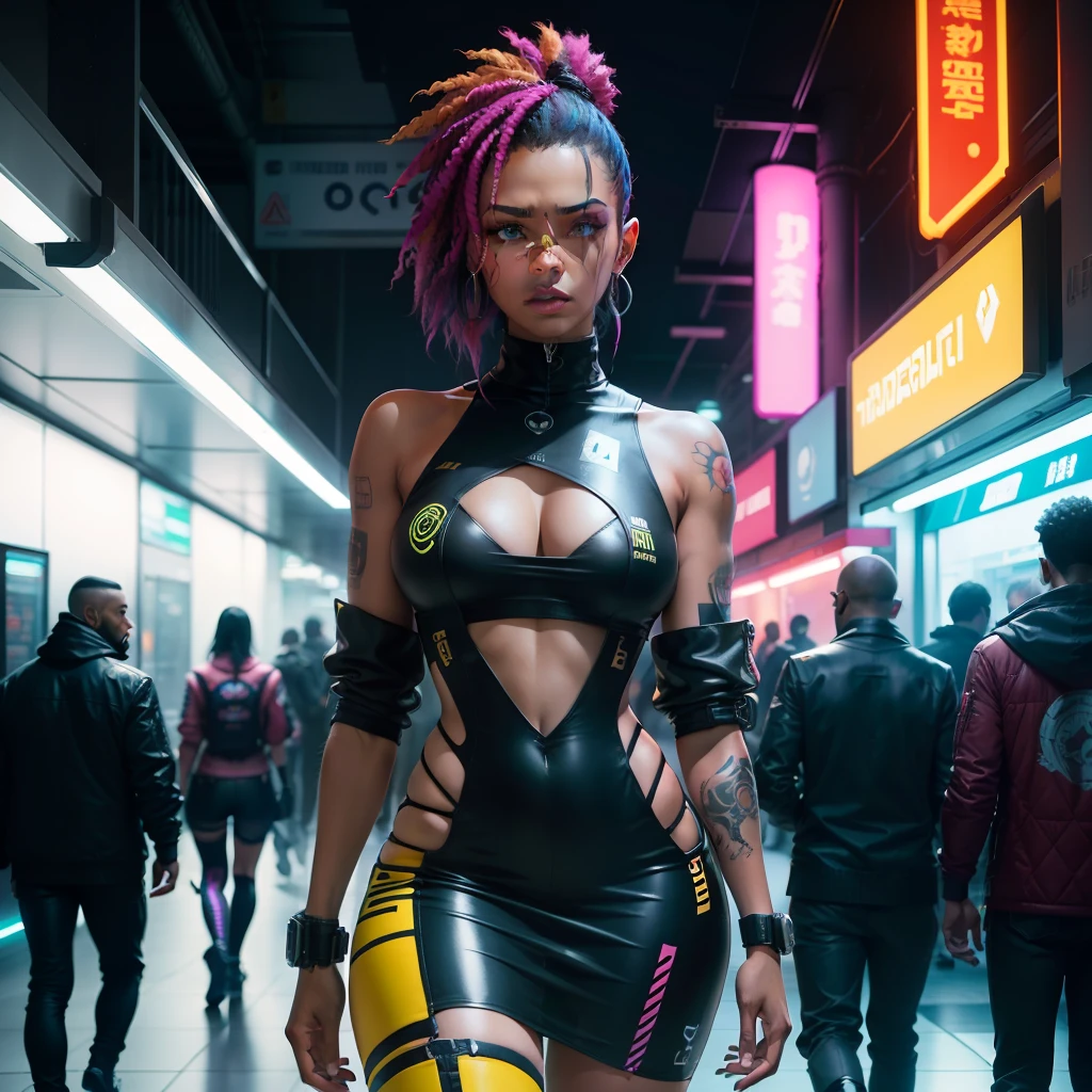 Eu gostaria de uma imagem estilo cyberpunk em 4k , obra prima, 3 personagens homens e mulheres cyberpunk futuristica, africano , 35 anos, pele negra ,barba grande,com cabelo punk estilo anos 80 na cor amarelo ,muito eLegante,, futurista e estiloso neon , com uma tatuagem super colorida e com neon ,Toattoo, facing a metro station on the platform , with station lights failing in a dimly lit environment, standing dressed in a dark yellow suit ,estilo cyberpunk 2077 com uma gravata borboleta rosa, vestido com camisa larga, Camisa Masculina.