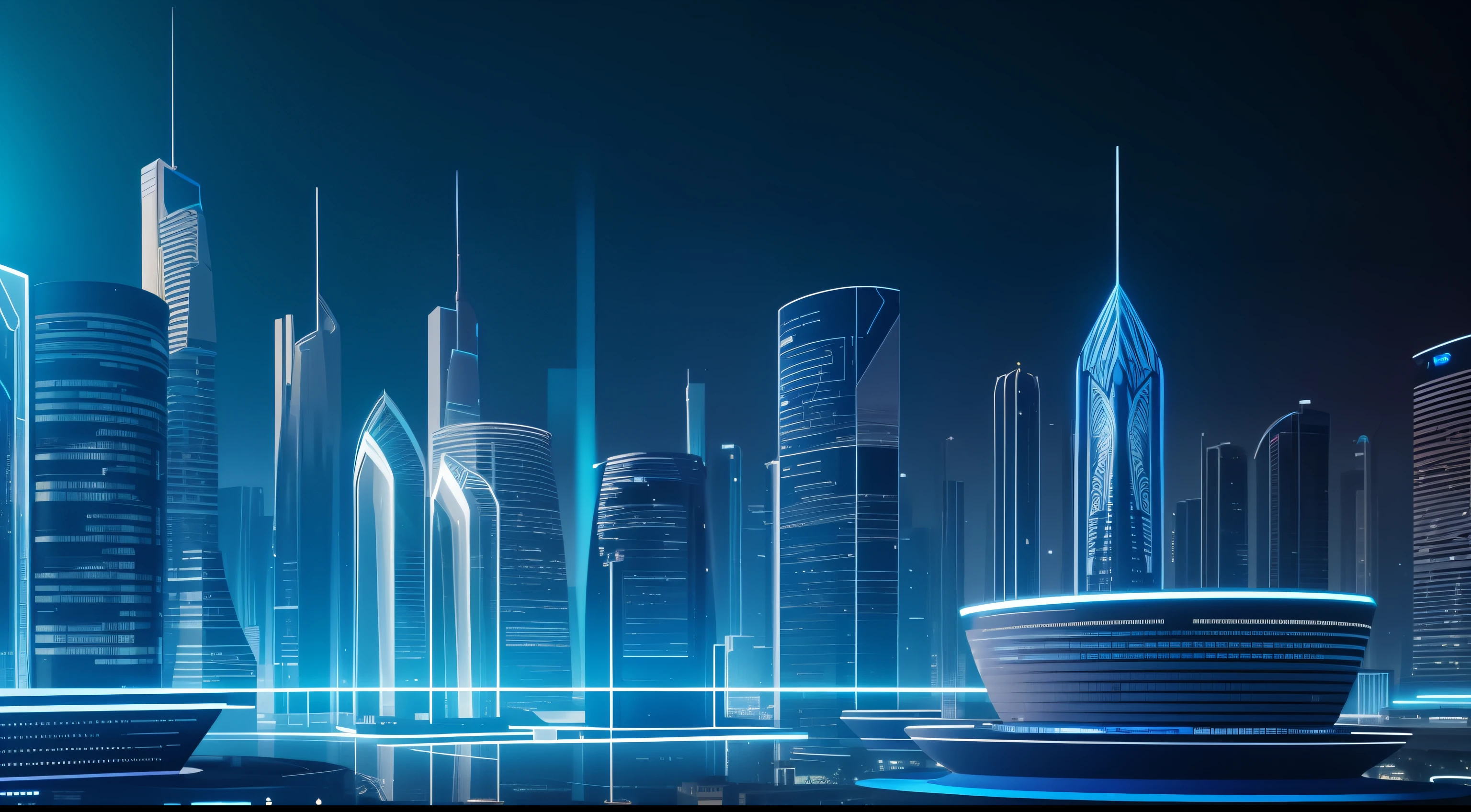 blue colors,Rich and intricate details,Future curve abstract style,Technology elements,AI-generated images of technology present visually appealing futuristic scenarios。In the foreground,The urban complex of the future transparent material is located on smooth transparent panels,Exudes a soft and ethereal glow。Holograms show complex patterns、Visualize data and vibrant colors,It represents the fusion of information and innovation。A high resolution