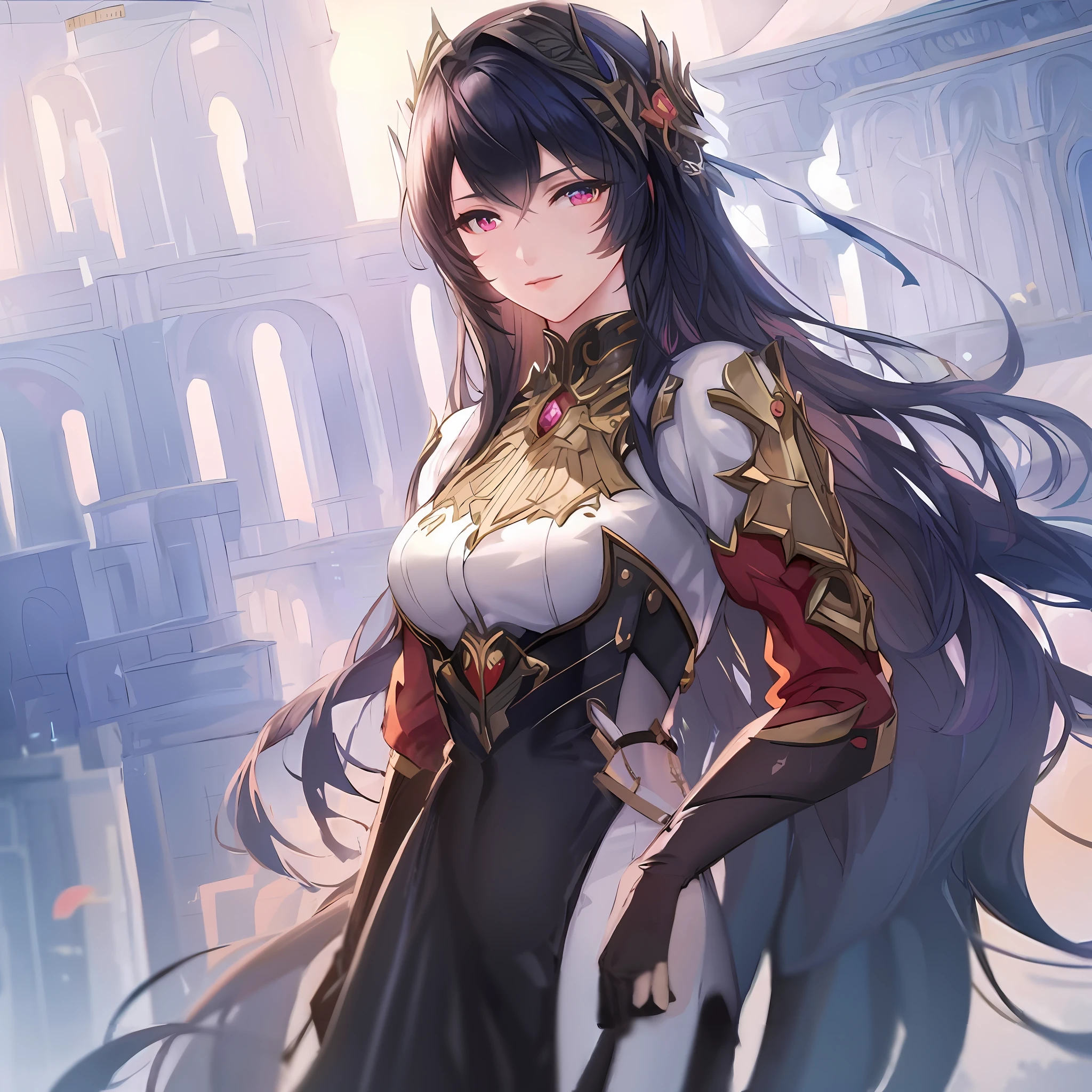 Anime girl with long hair and armor standing in front of the building, Ayaka Genshin impact, Portrait Chevaliers du Zodiaque Fille, Keqing from Genshin Impact, Extremely detailed Artgerm, Genshin, ((a beautiful fantasy empress)), Hestia, ayaka game genshin impact, Anime goddess, Kushatt Krenz Key Art Women