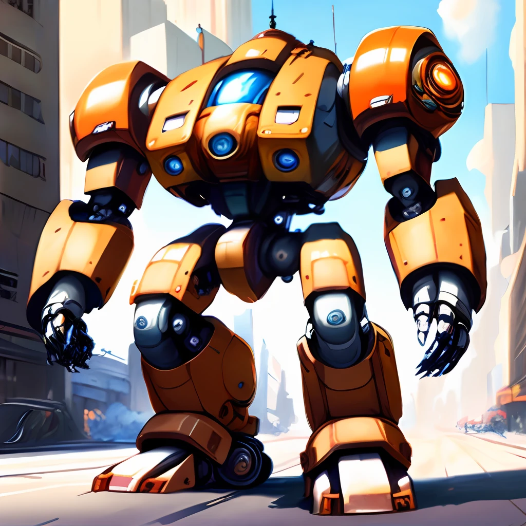 photo, a painting of a giant robot on a city street, orange robot, mecha, oval shape, round shape, no humans, solo, science fiction, egg-shaped robot, standing on wheels, tank wheels, road wheels, blue window, one single cannon arm