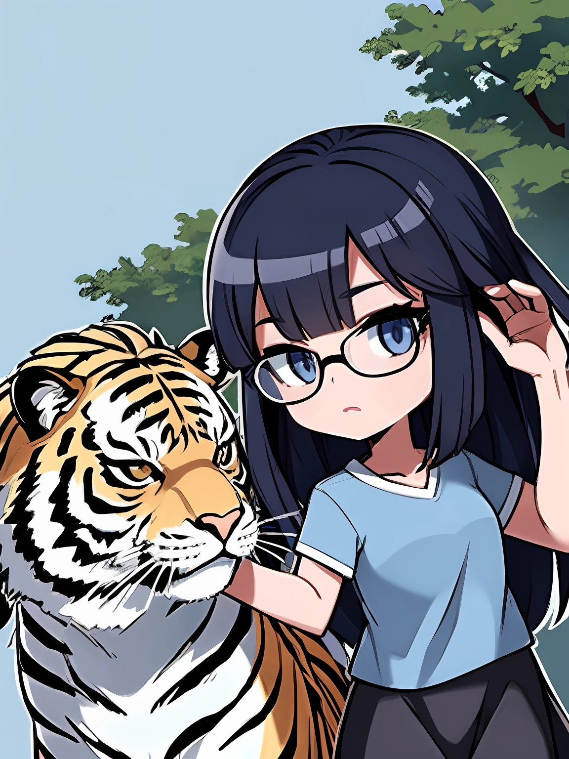 1girl in、((​masterpiece、top-quality))、(独奏)、(female focus)、(Blue-black hair、length hair)、(Tiger Print Shirt)、(Black Round Glasses)、(Black skirt)、is standing、White background