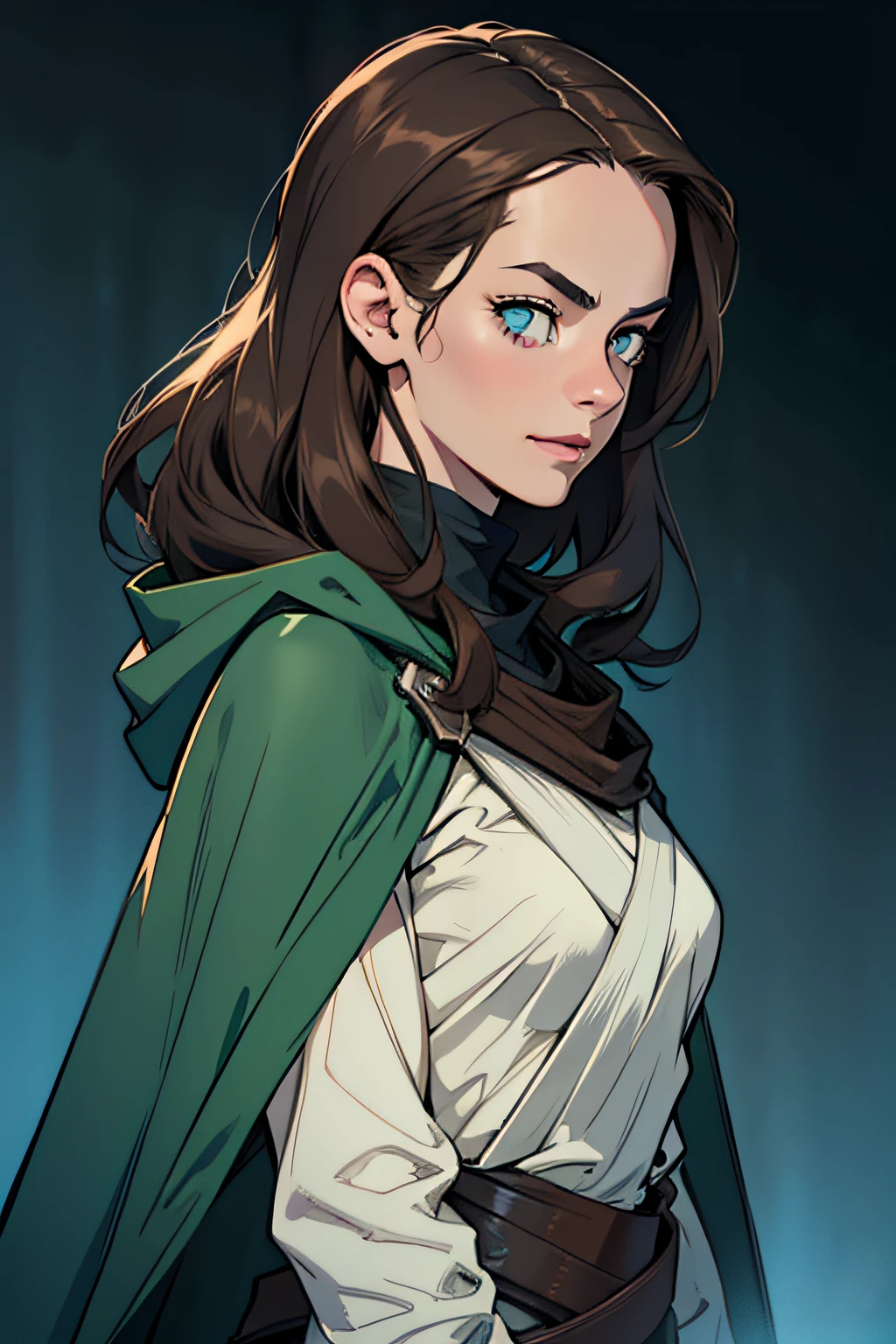 kaya scodelario tem um sorriso ironico com um coque despojado e olhos expressivos, Understated in clothing with a fluttering greenish-brown cape with blue accents in the Star Wars universe