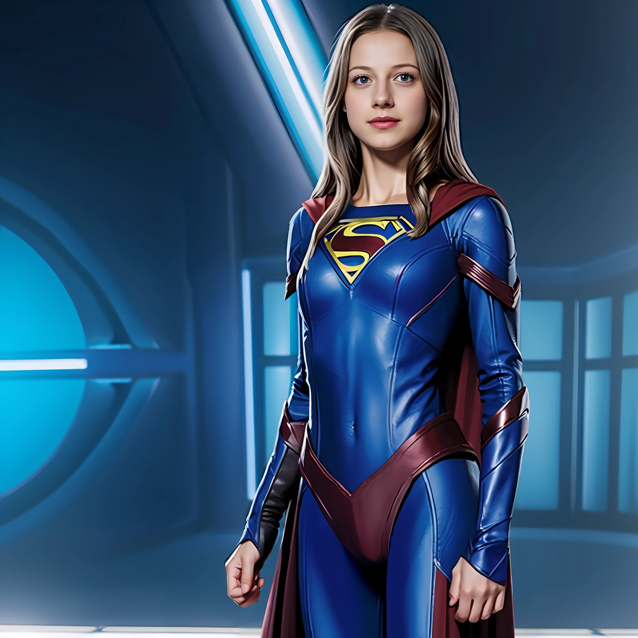 Melissa Benoist com armadura de super-girl, corpo magra extremamente detalhista, ((peito pequeno)), astral projection, voo