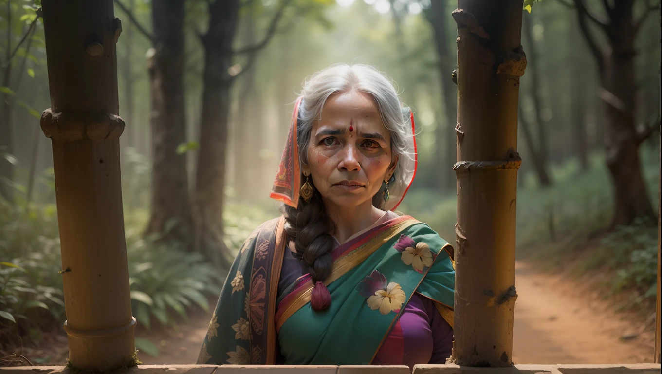 Portrait of Indian village woman at a gathering in the forests of Himachal Pradesh, cinemactic, Photo Session, Fotografado na lente de 25mm, profundidade de campo, Tilt Blur, Velocidade do obturador 1/1000, F/22, White balance, 32k, Super-Resolution, Pro Foto RGB, half rear lighting, luz de fundo, dramatic lighting, Incandescente, soft lighting, volumetric, Dia do Conto, global ilumination, Global Screen Space Illumination, Scattering, Sombras,