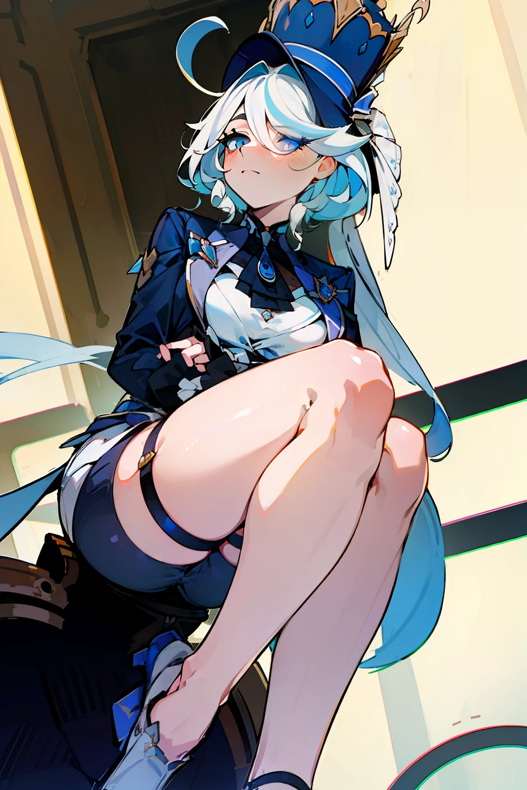 (masterpiece),best quality, expressive eyes, perfect face,w sitting, w sitting on ground, legs on ground, 1girl,
big breast, H-cup, good breast,Focalors, crossing arms,