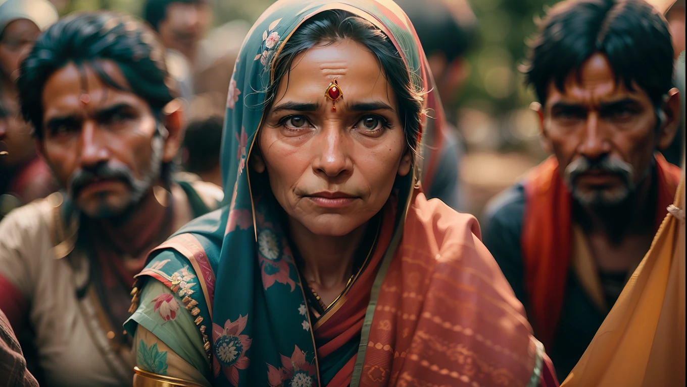 Portrait of Indian village woman at a gathering in the forests of Himachal Pradesh, cinemactic, Photo Session, Fotografado na lente de 25mm, profundidade de campo, Tilt Blur, Velocidade do obturador 1/1000, F/22, White balance, 32k, Super-Resolution, Pro Foto RGB, half rear lighting, luz de fundo, dramatic lighting, Incandescente, soft lighting, volumetric, Dia do Conto, global ilumination, Global Screen Space Illumination, tering, Sombras,