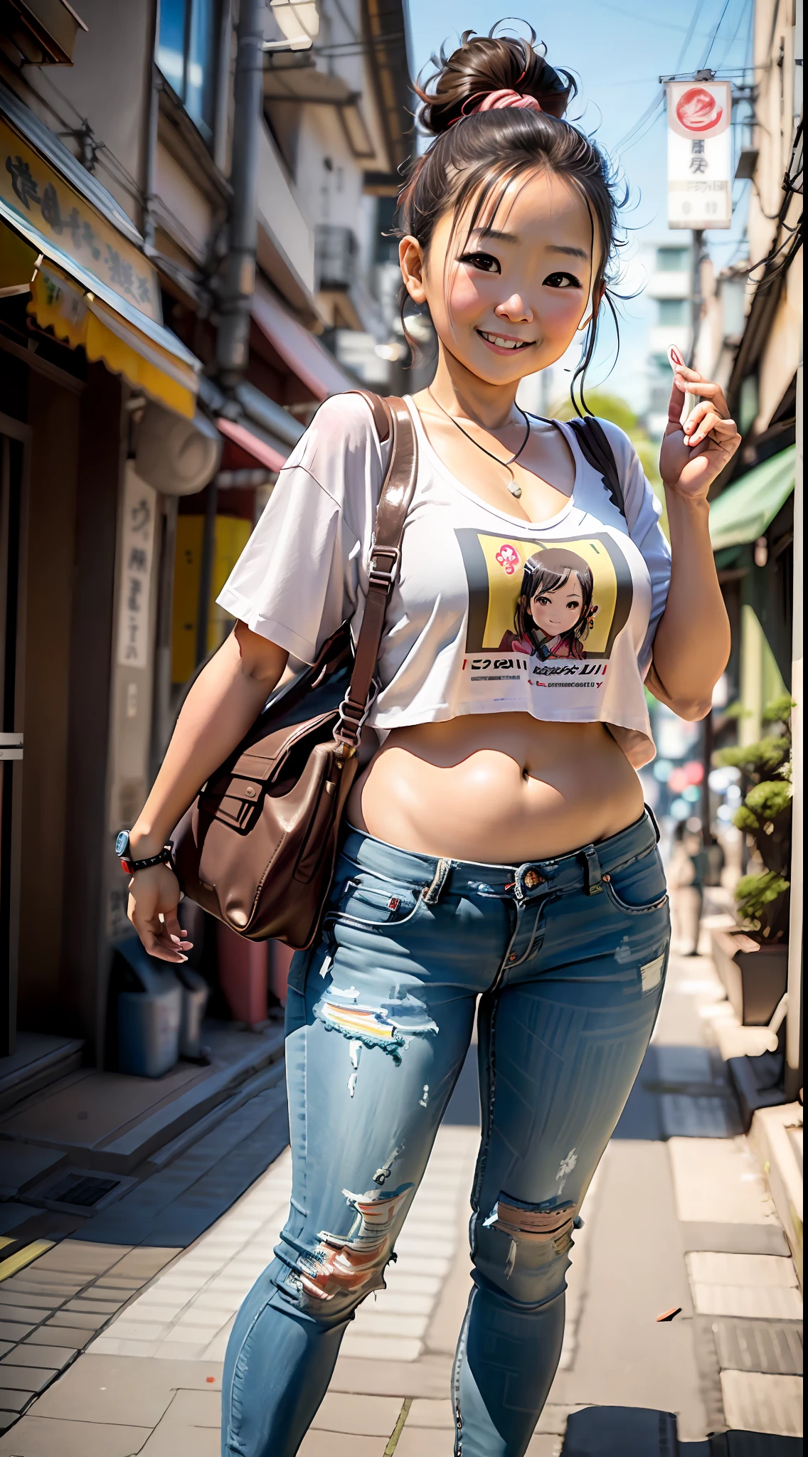 ultra high def, Maximum quality, 8K, obra-prima, qualidade de cinema, japonesa, (10 yearemamente bonita, muito magra, big forhead, (sozinha), (corpo inteiro), vestindo mini saia estudantil e mini blusa, sorriso meigo, (front view), (em um beco escuro de Osaka)
