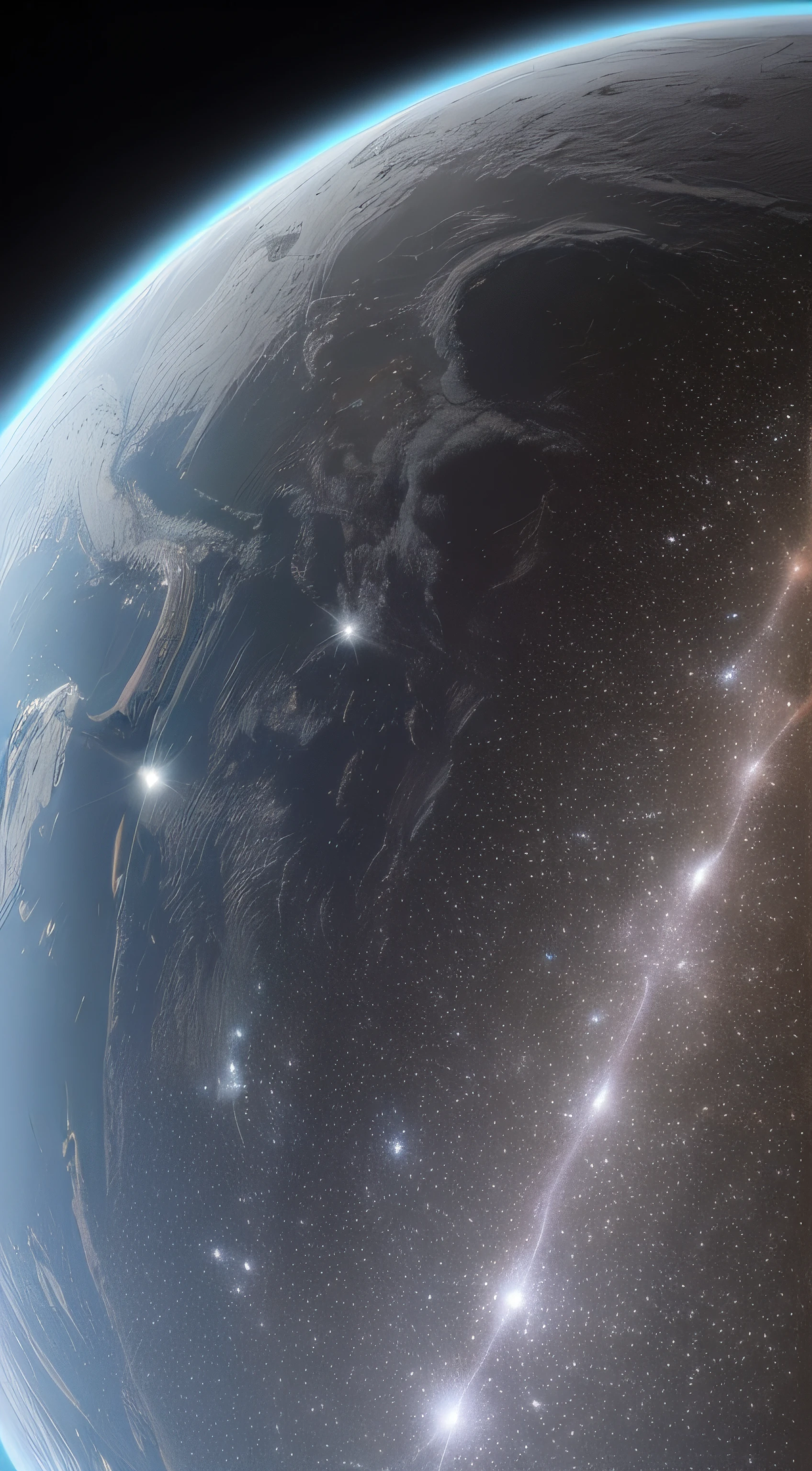 (obra maestra) | (un planeta gris oscuro, con gases negros en su superficie que crean espirales, tres lunas orbitando. entorno espacial con poca luz) | (luz realista, telescopio, efecto de luz)