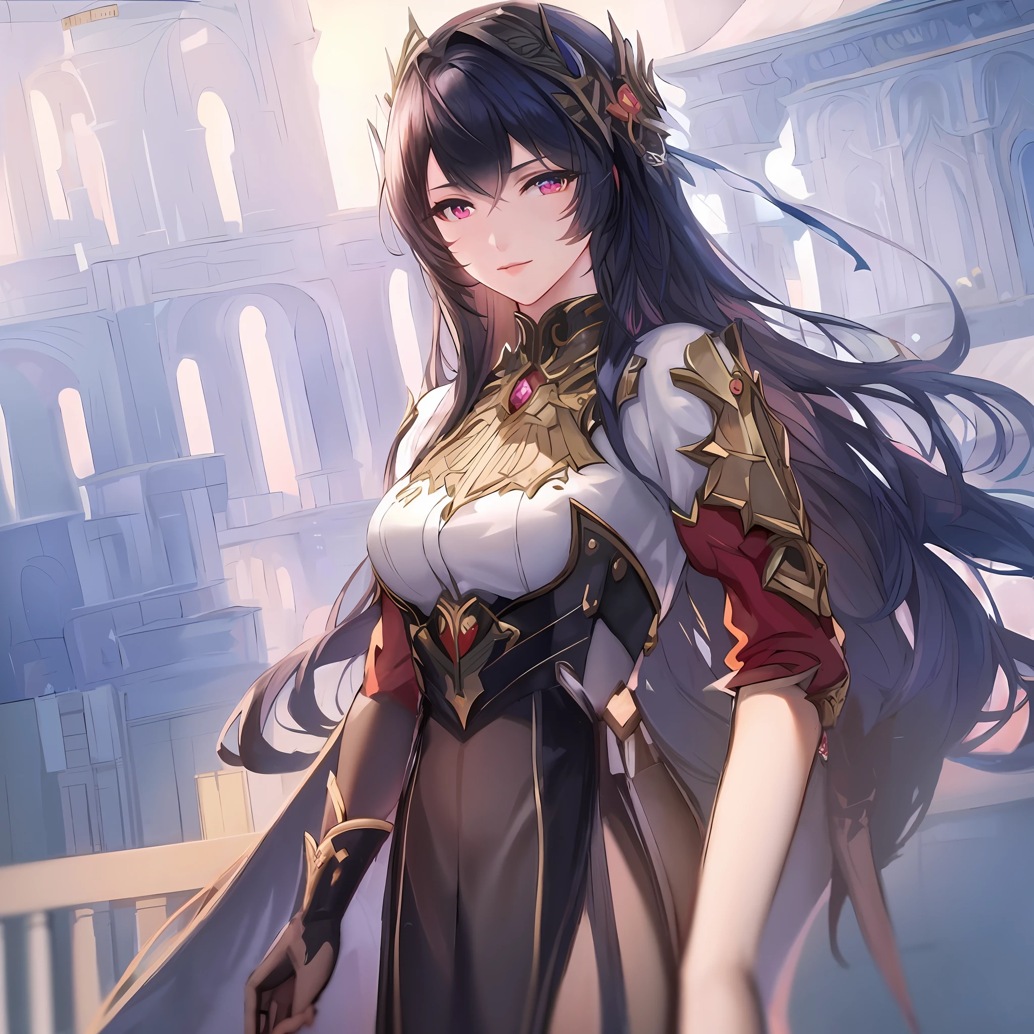 Anime girl with long hair and armor standing in front of the building, Ayaka Genshin impact, Portrait Chevaliers du Zodiaque Fille, Keqing from Genshin Impact, Extremely detailed Artgerm, Genshin, ((a beautiful fantasy empress)), Hestia, ayaka game genshin impact, Anime goddess, Kushatt Krenz Key Art Women