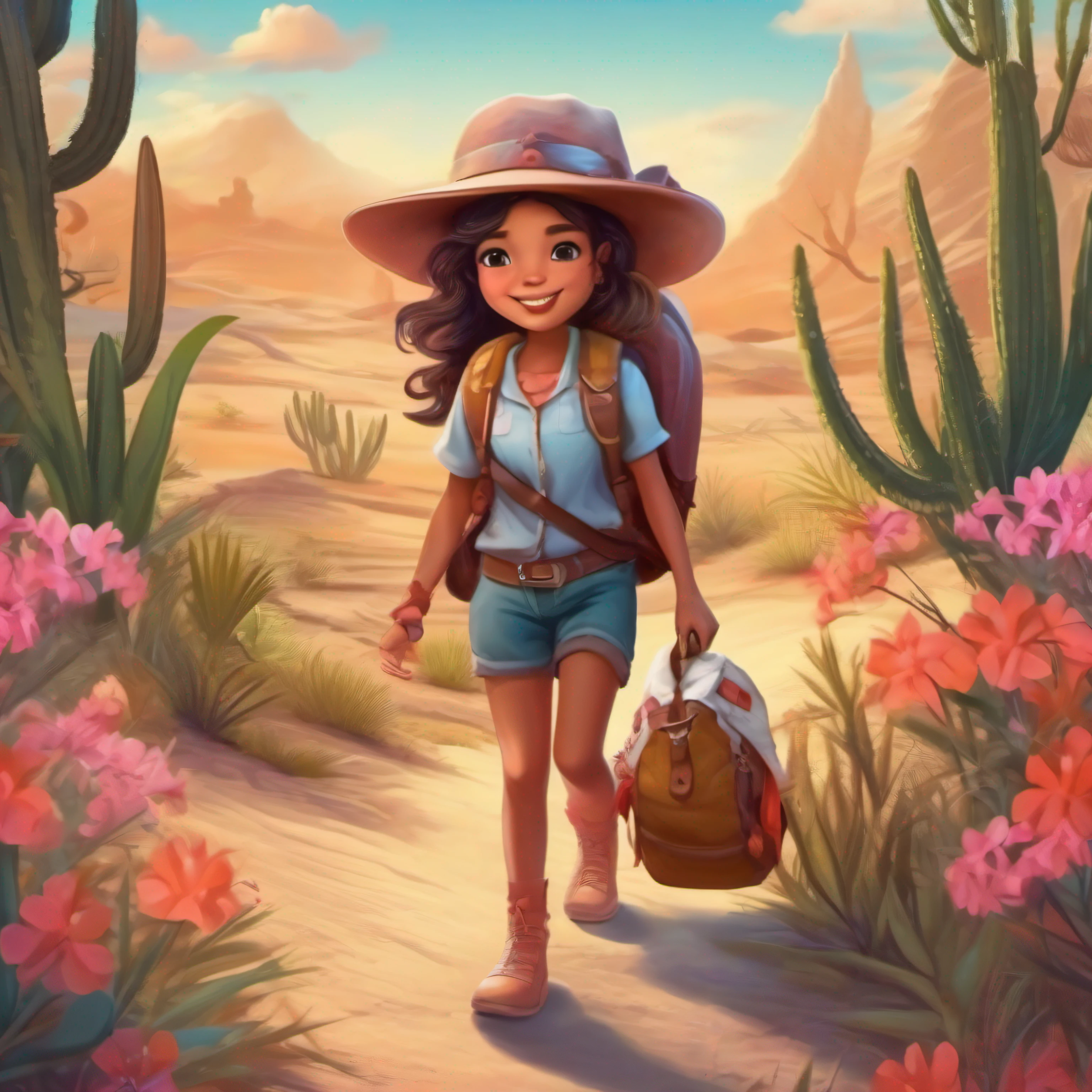 There is a poster with a cartoon character in a hat and backpack, mulher exploradora mini menina bonito, andando no deserto, selva de flores,