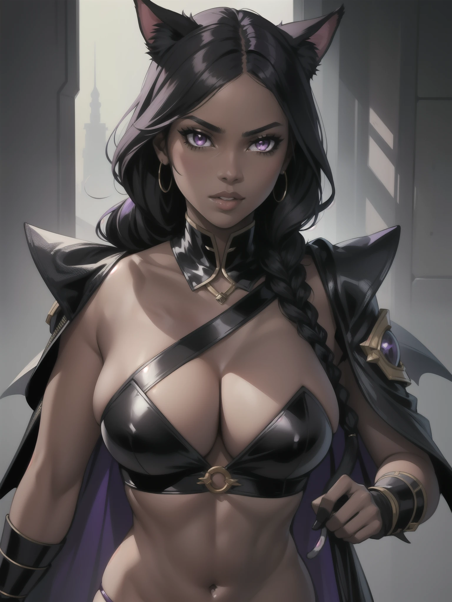 Portrait, Masterpiece, Excellent, 1girl, solo, complex details, color diffusion, close-up, dark-skinned female, Miqo'te female, cat ears, brown skin, black skin, ebony, thighs, black hair, dark hair, braided hair, purple eyes, skimpy attire, epic attire, badass, assassin, demon goddess, super villain, Sci-Fi, Fantasy
